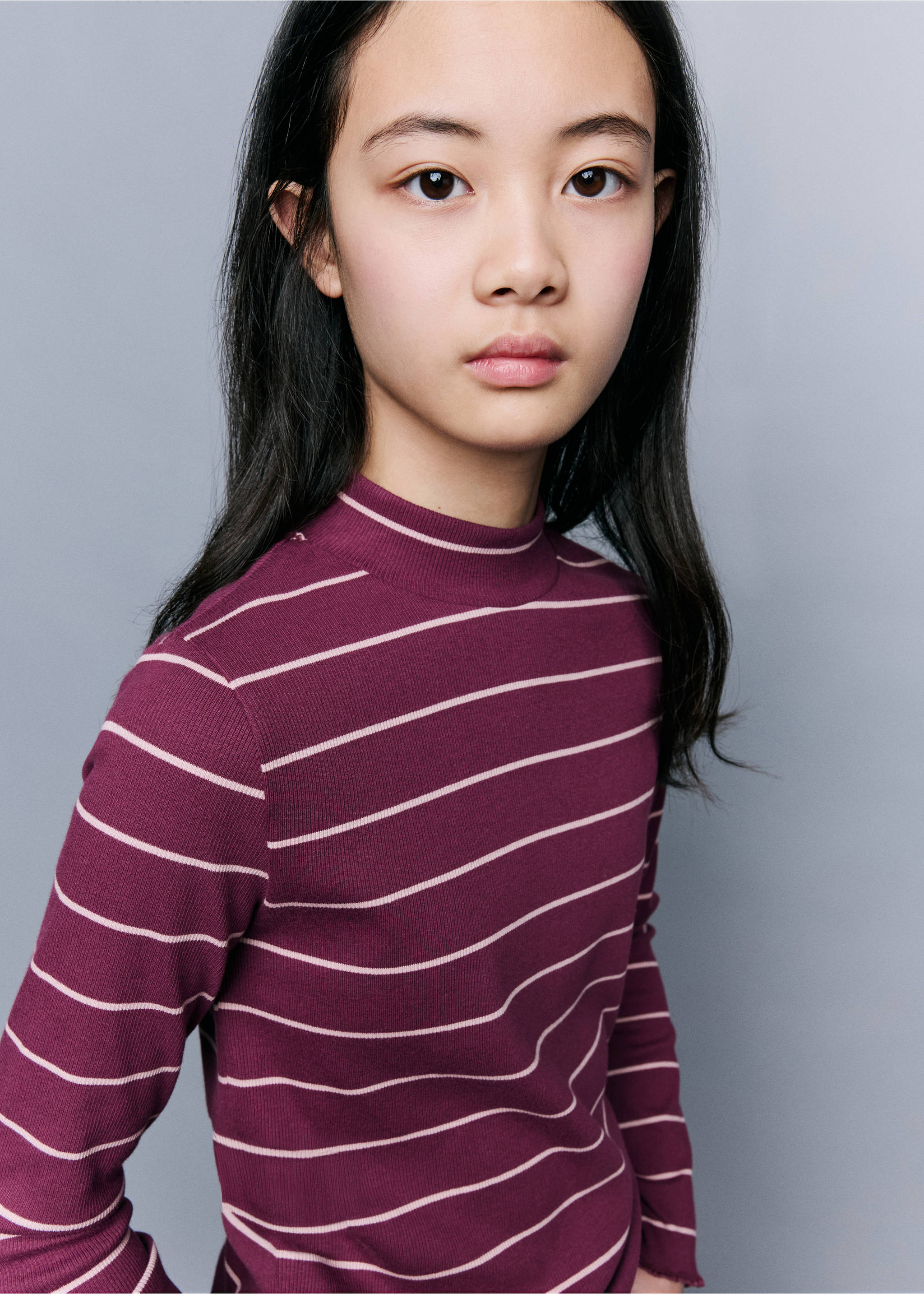 Burgundy ribbed long-sleeved t-shirt with light pink horizontal stripes., Burgundy. Ref: 37037137-00.