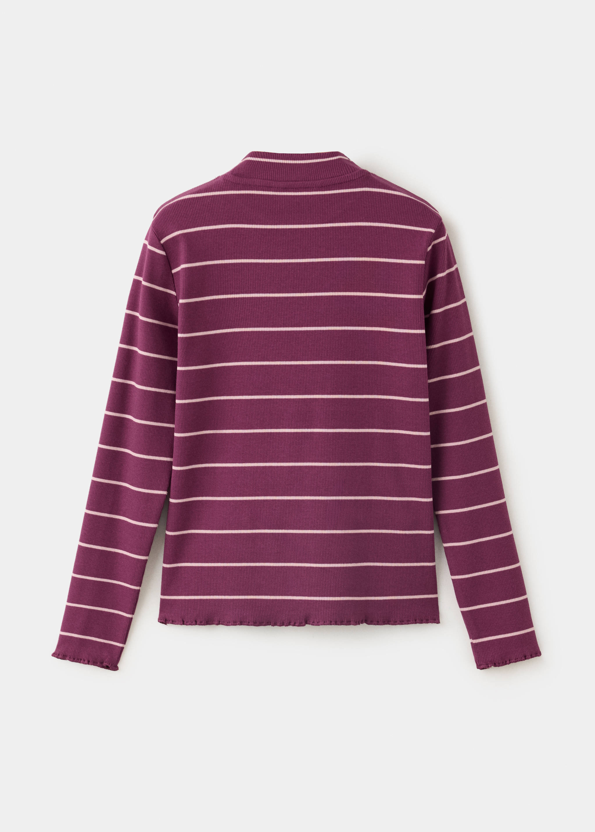 Plum purple and cream striped kids' t-shirt with lettuce-edge trim, back view.