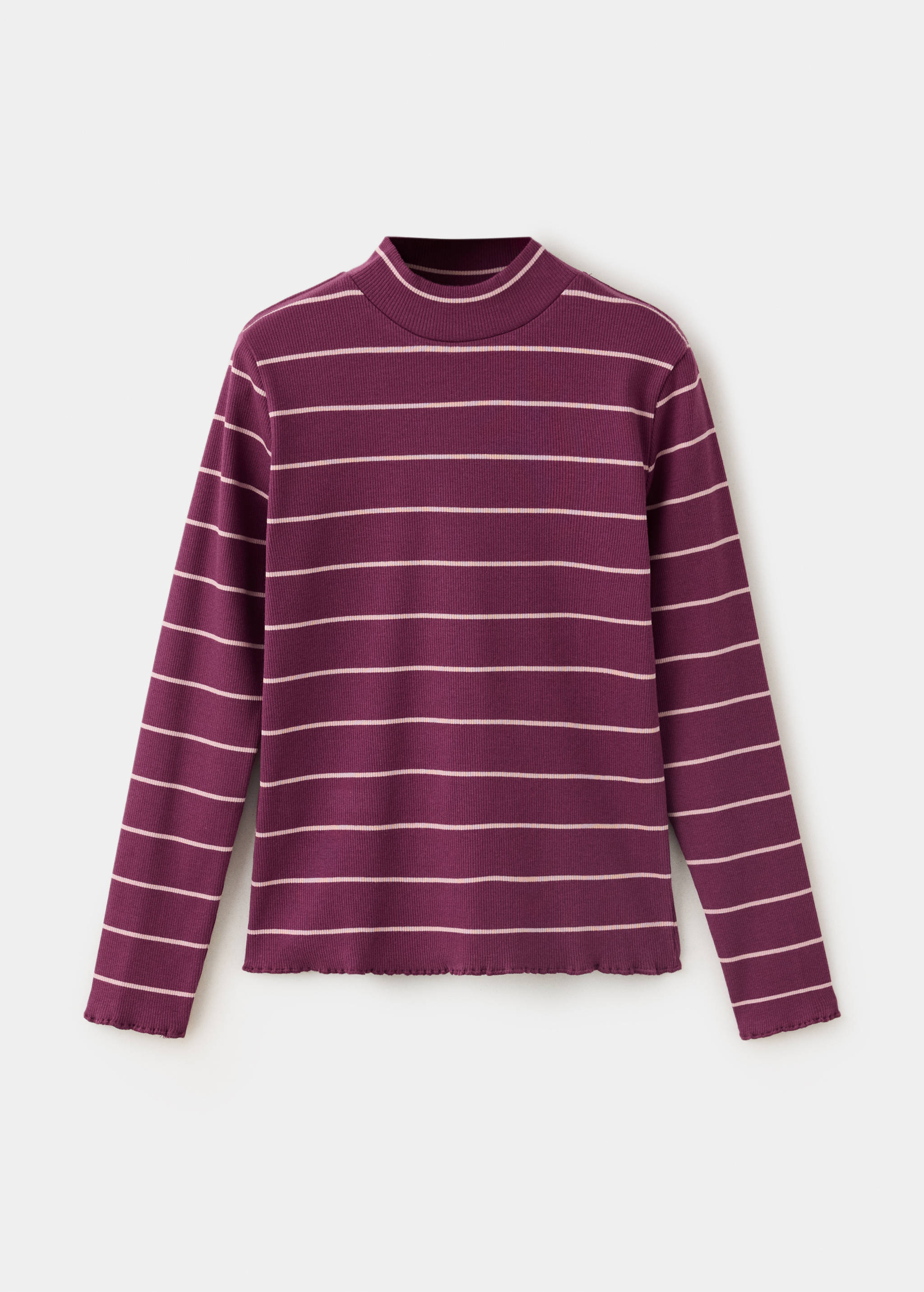 Plum purple ribbed t-shirt with thin white stripes and high collar.