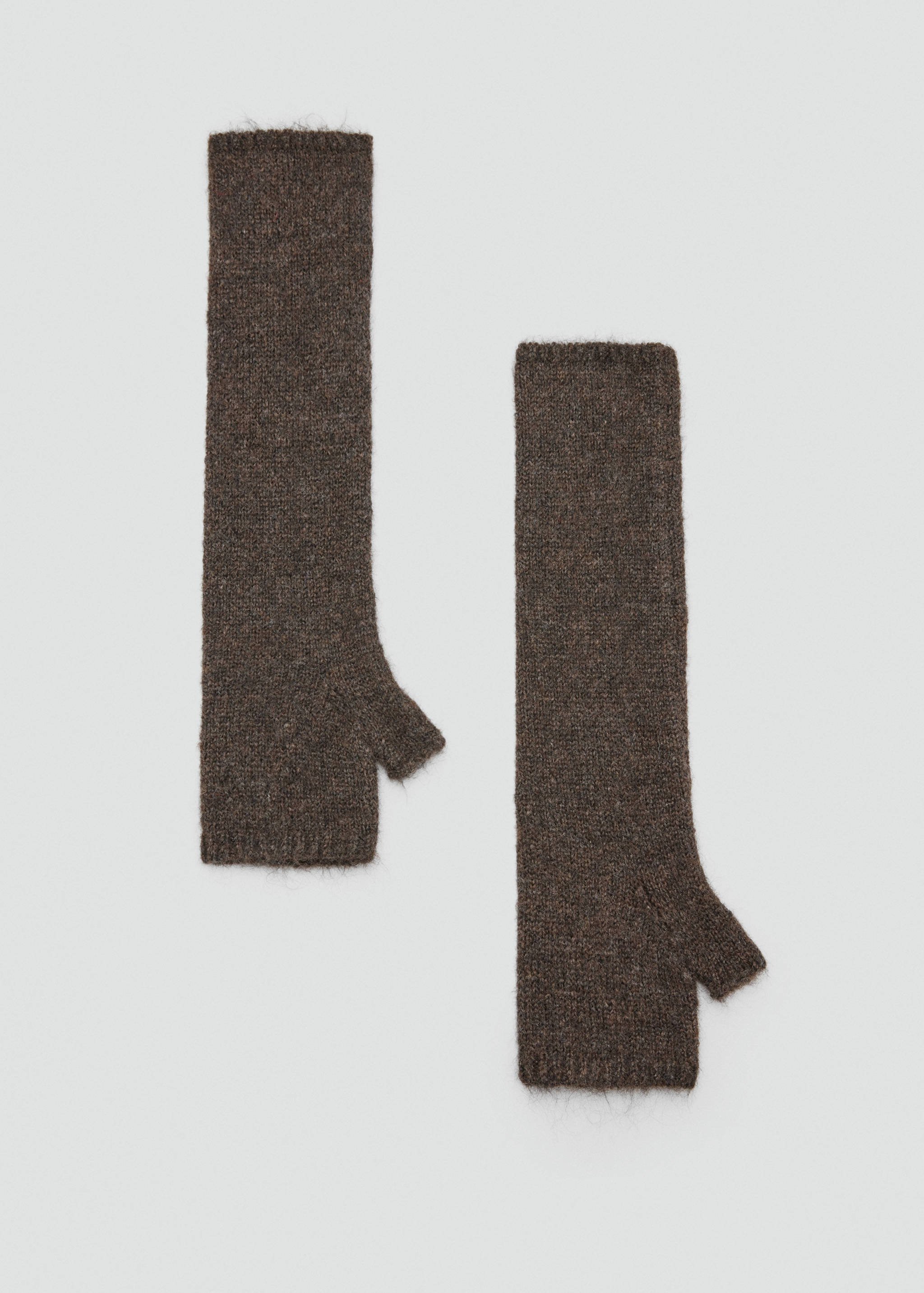 Dark brown knit fingerless gloves.