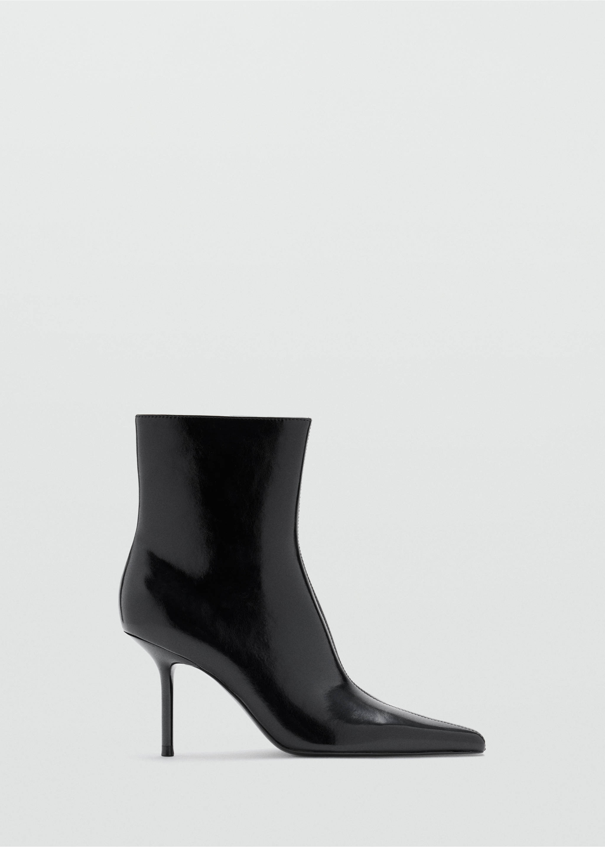 Glossy black patent ankle boot with a pointed toe and high stiletto heel., Black. Ref: 37037778-00.