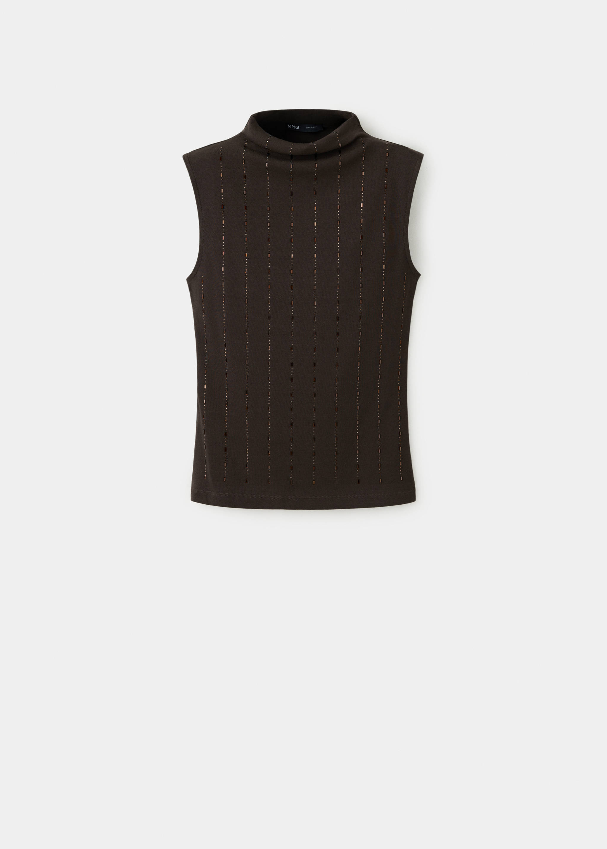 Dark brown sleeveless top with high neck and beaded stripes