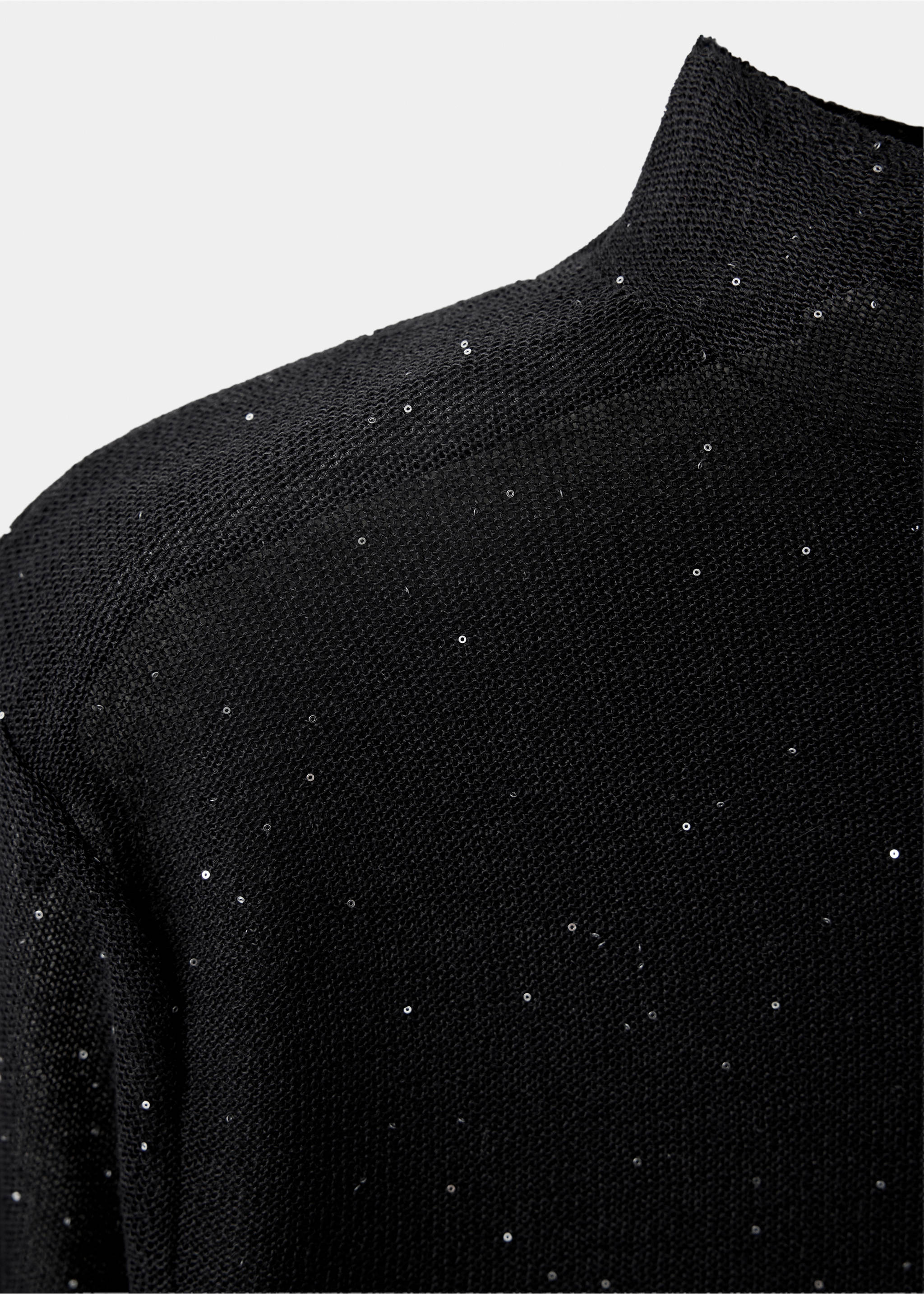 Close-up of a black sequinned high-neck top with a fine knit., Black. Ref: 37037781-00.