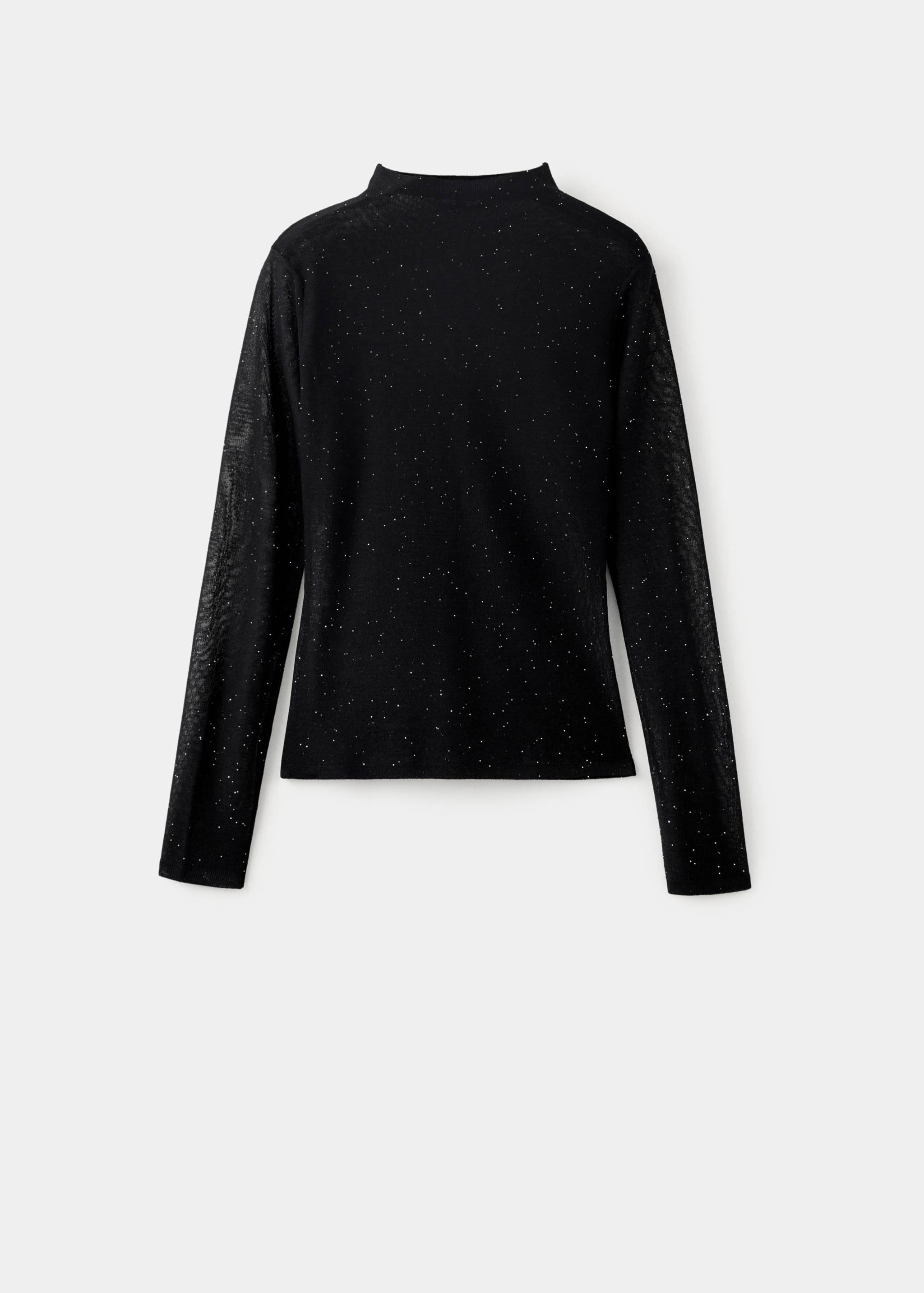 Black long-sleeved sheer top with a mock neck and scattered silver sparkles.