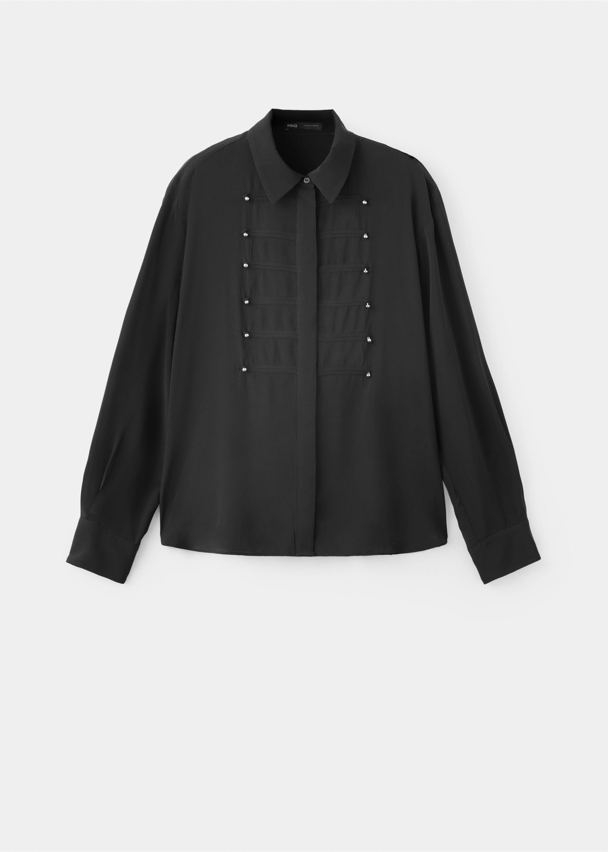 Black long-sleeved blouse with a classic collar and metallic stud details., Black. Ref: 37037784-00.