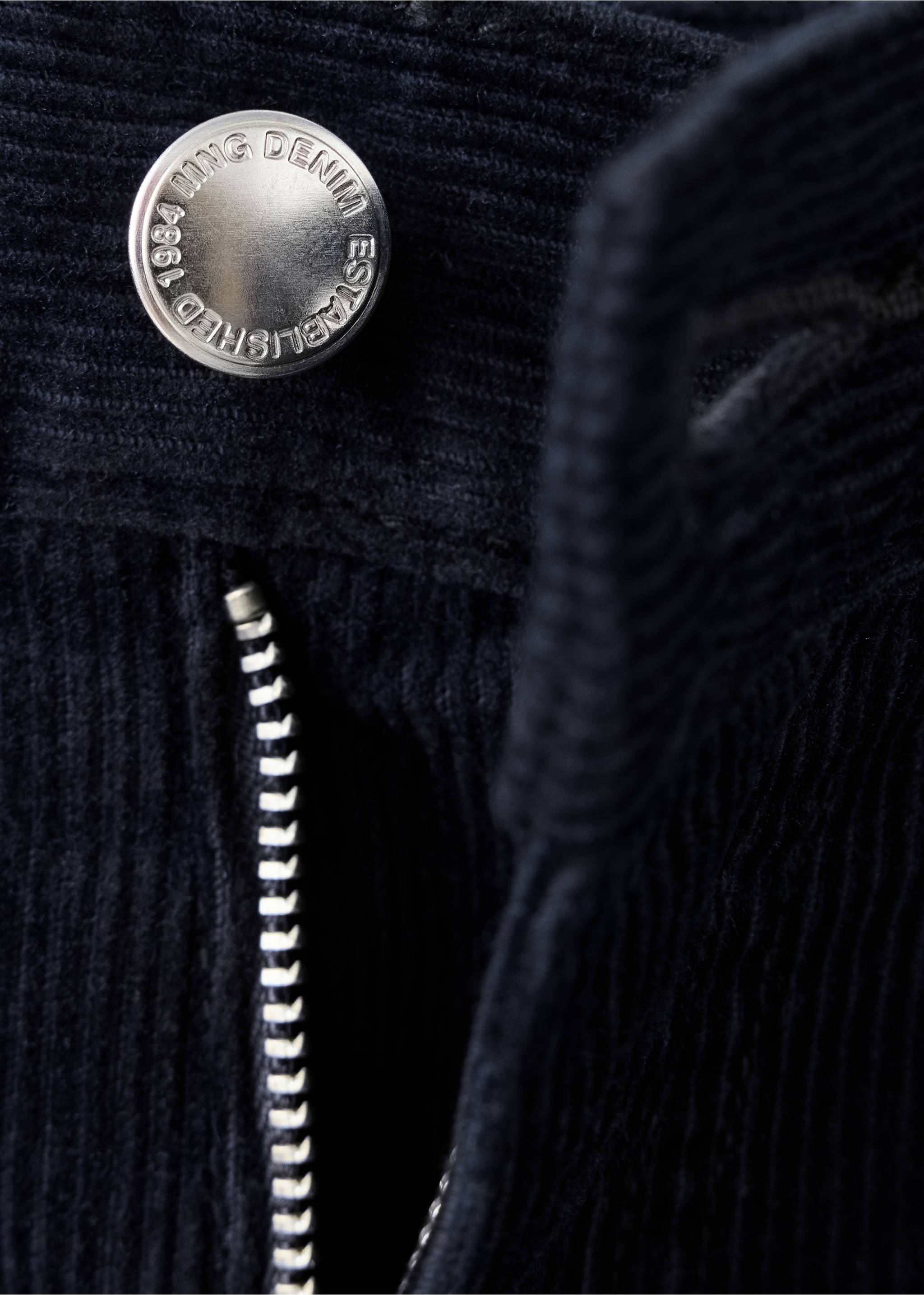 Close-up of navy corduroy trousers button and zip detail., Night Blue. Ref: 37037785-00.