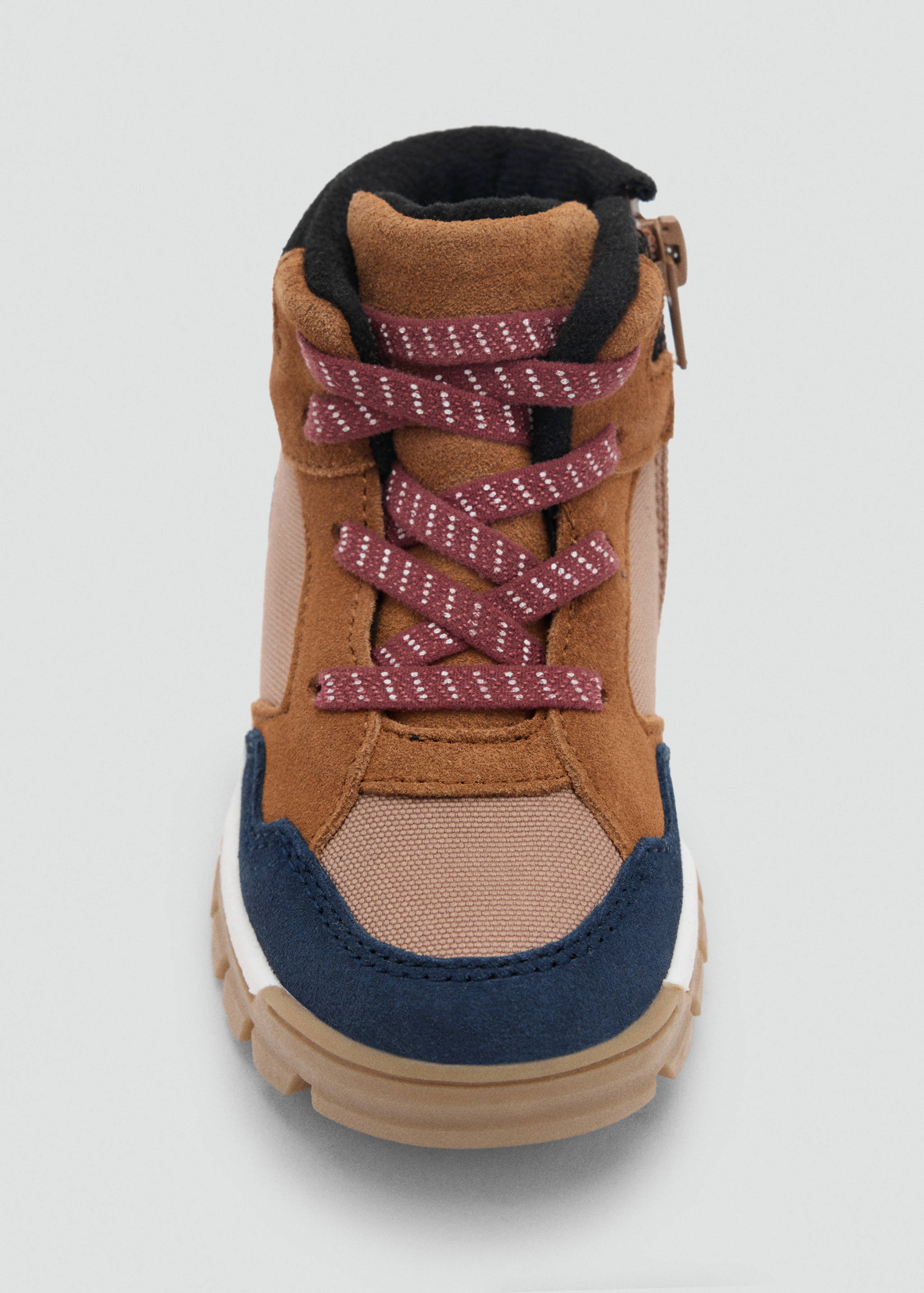 Brown panelled children's boot with burgundy laces and side zip.