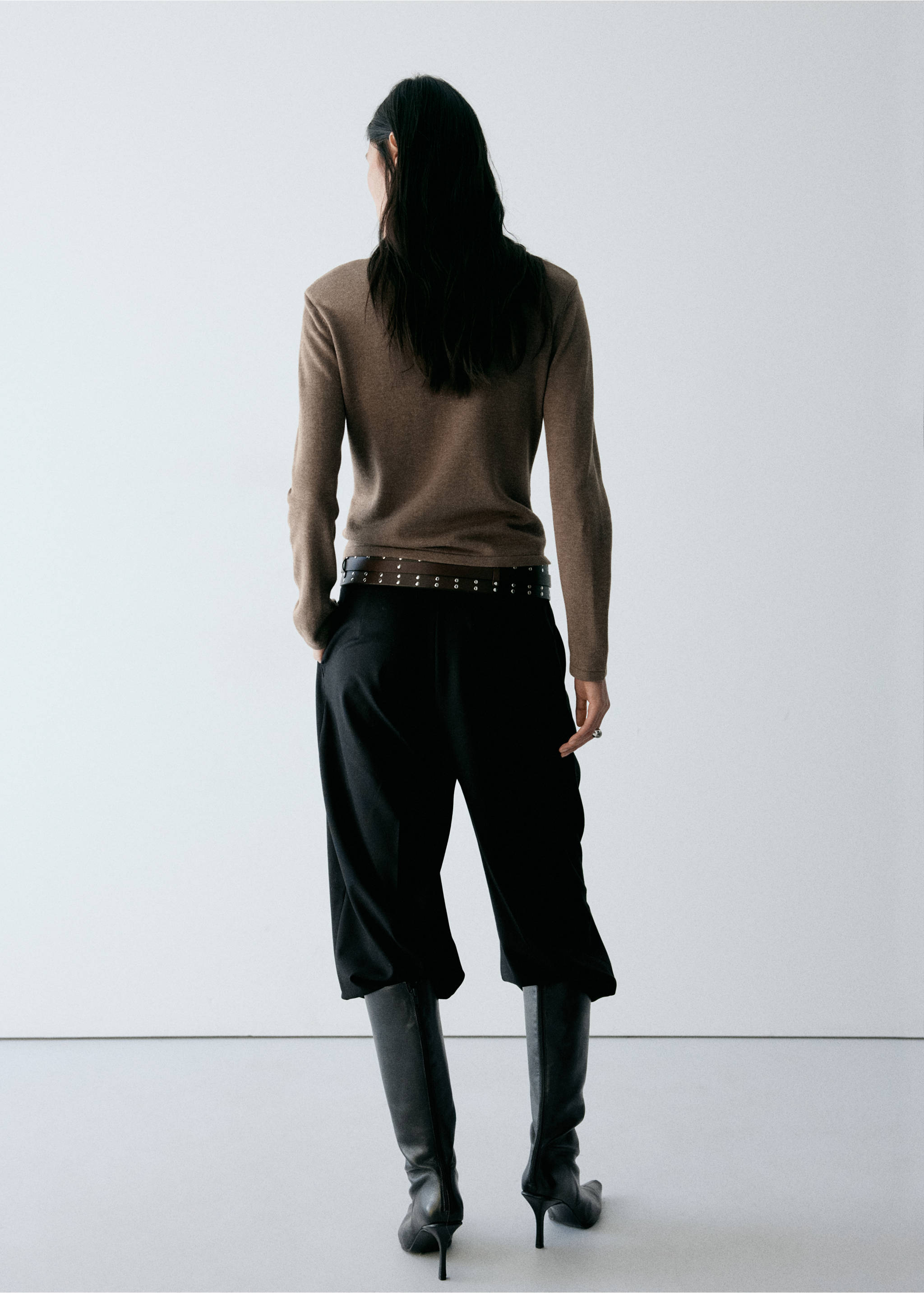Cardigan maille fine col polo - Verso de l’article, Marron moyen. Ref: 37037788-00.
