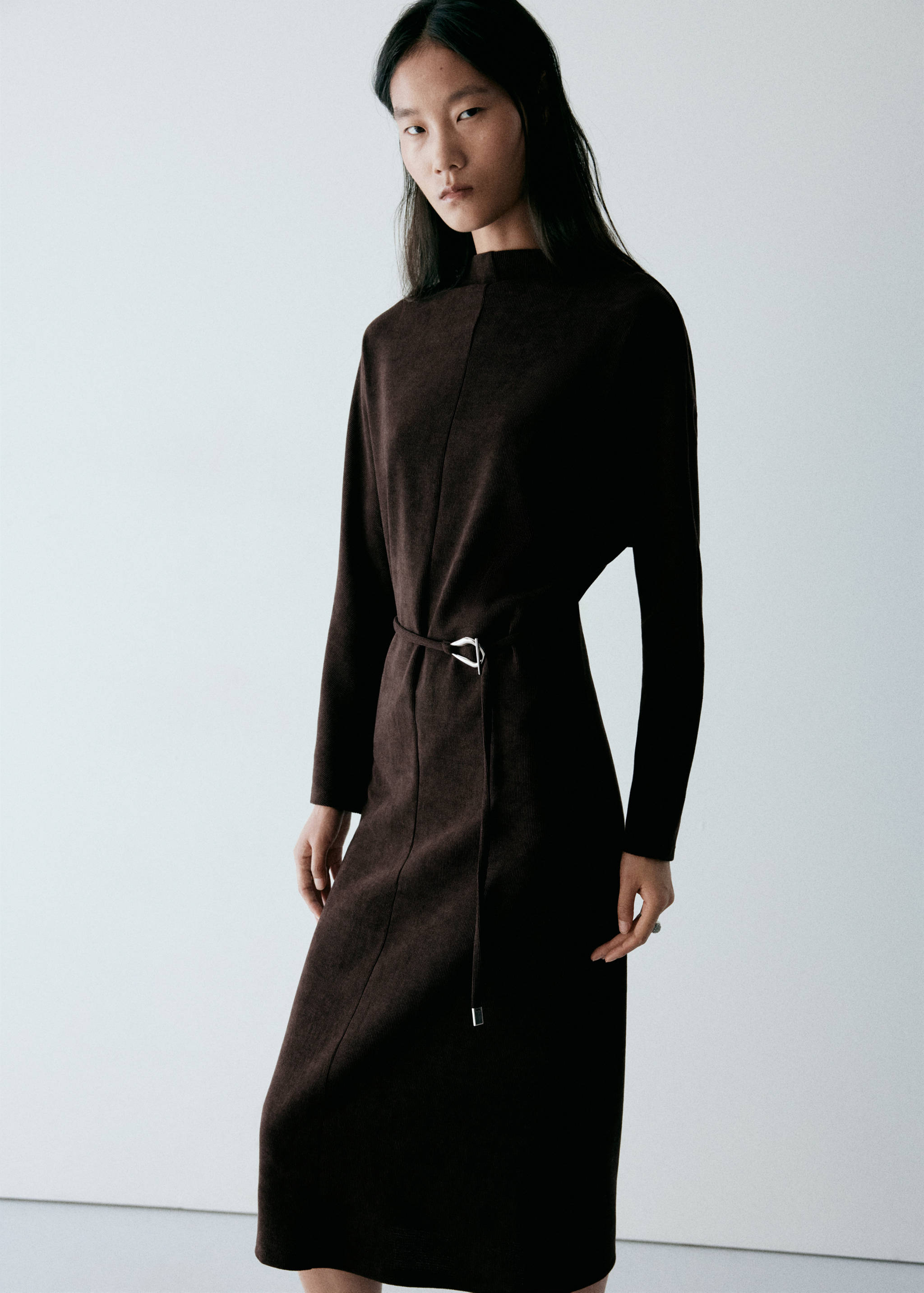 Dark brown midi dress with long sleeves, mock neck and a thin buckled belt.