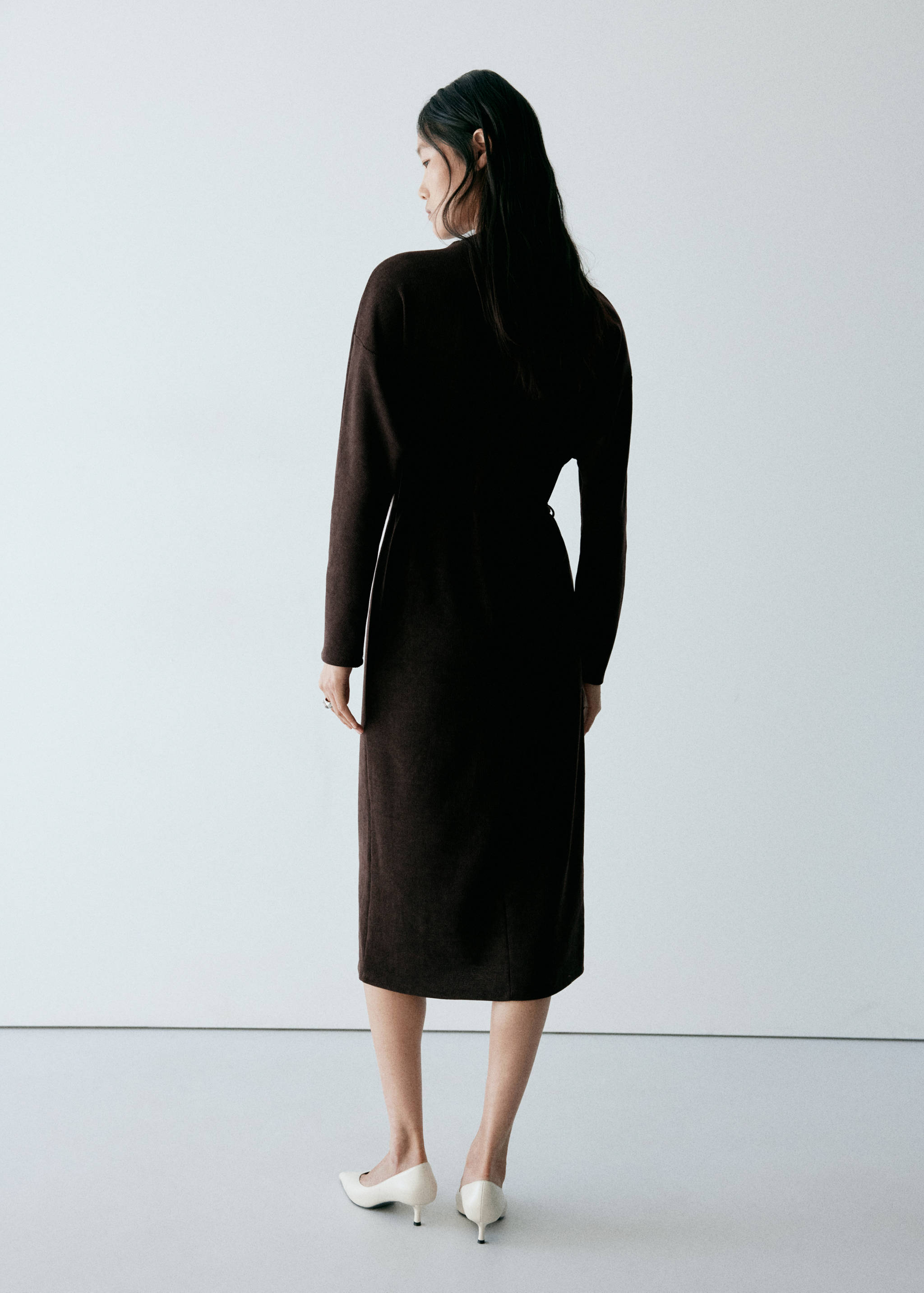 Dark brown long-sleeved midi dress, back view