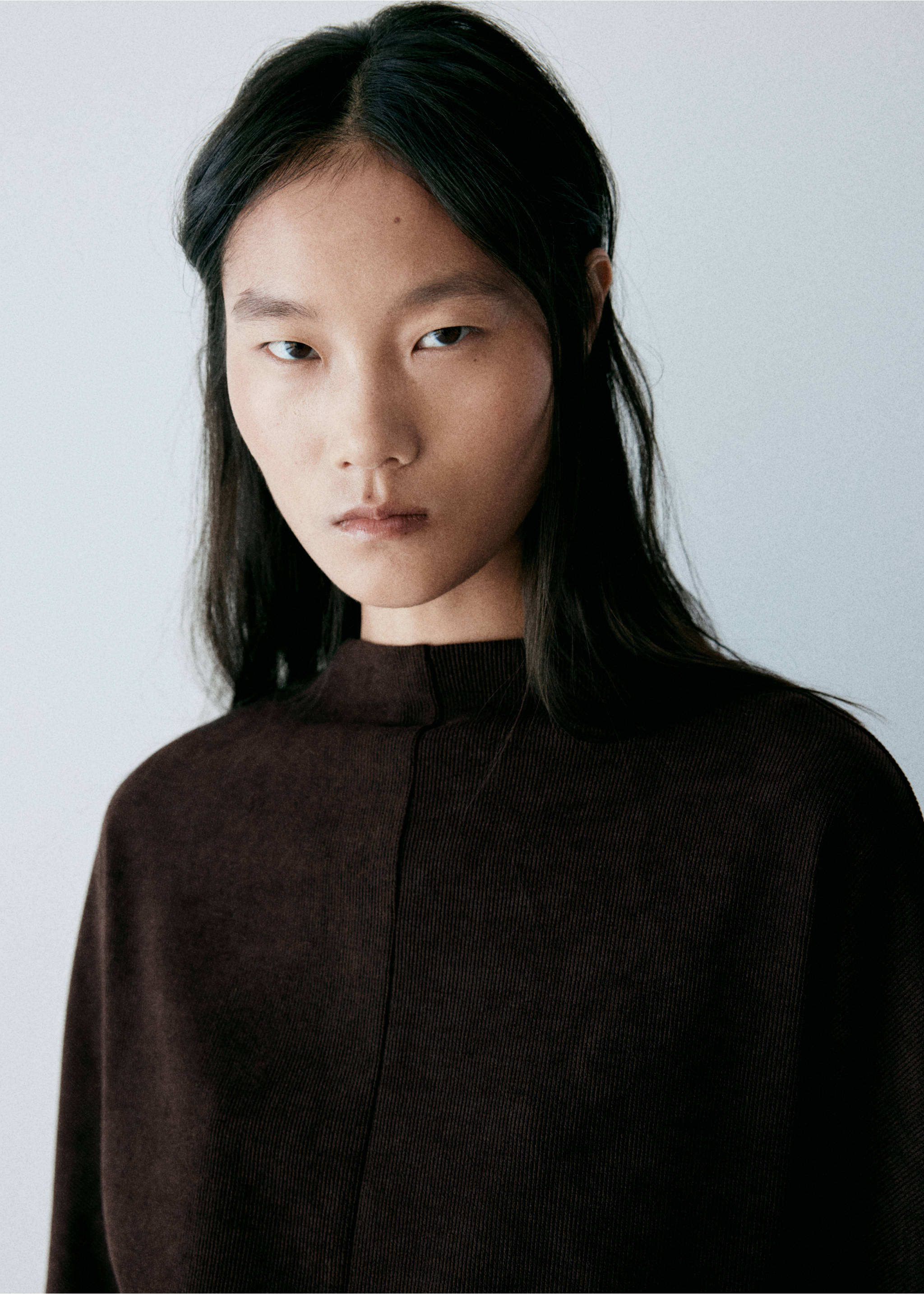 Close-up of a dark brown dress with a mock neck., Brown. Ref: 37037792-00.