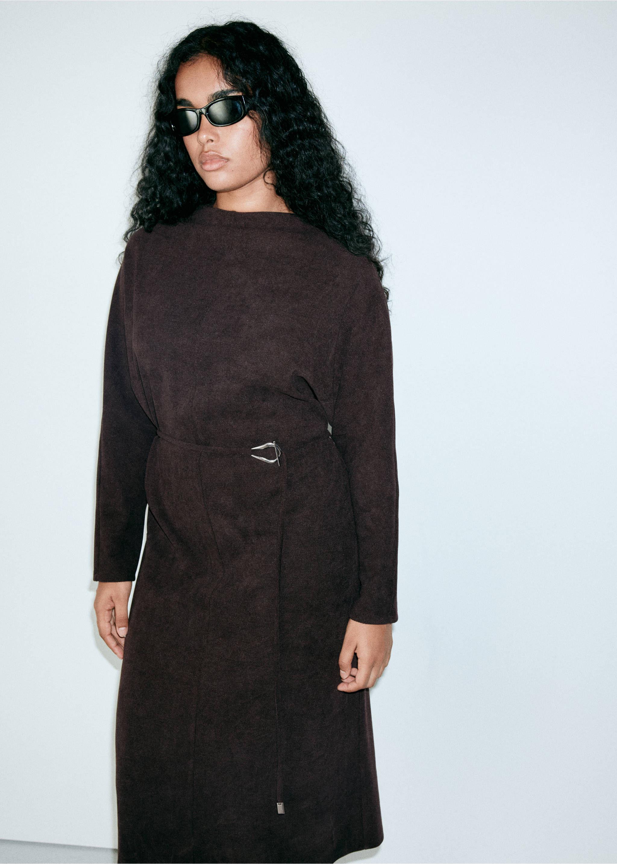 Brown long-sleeved midi dress with a silver-toned metal buckle belt., Brown. Ref: 37037792-00.