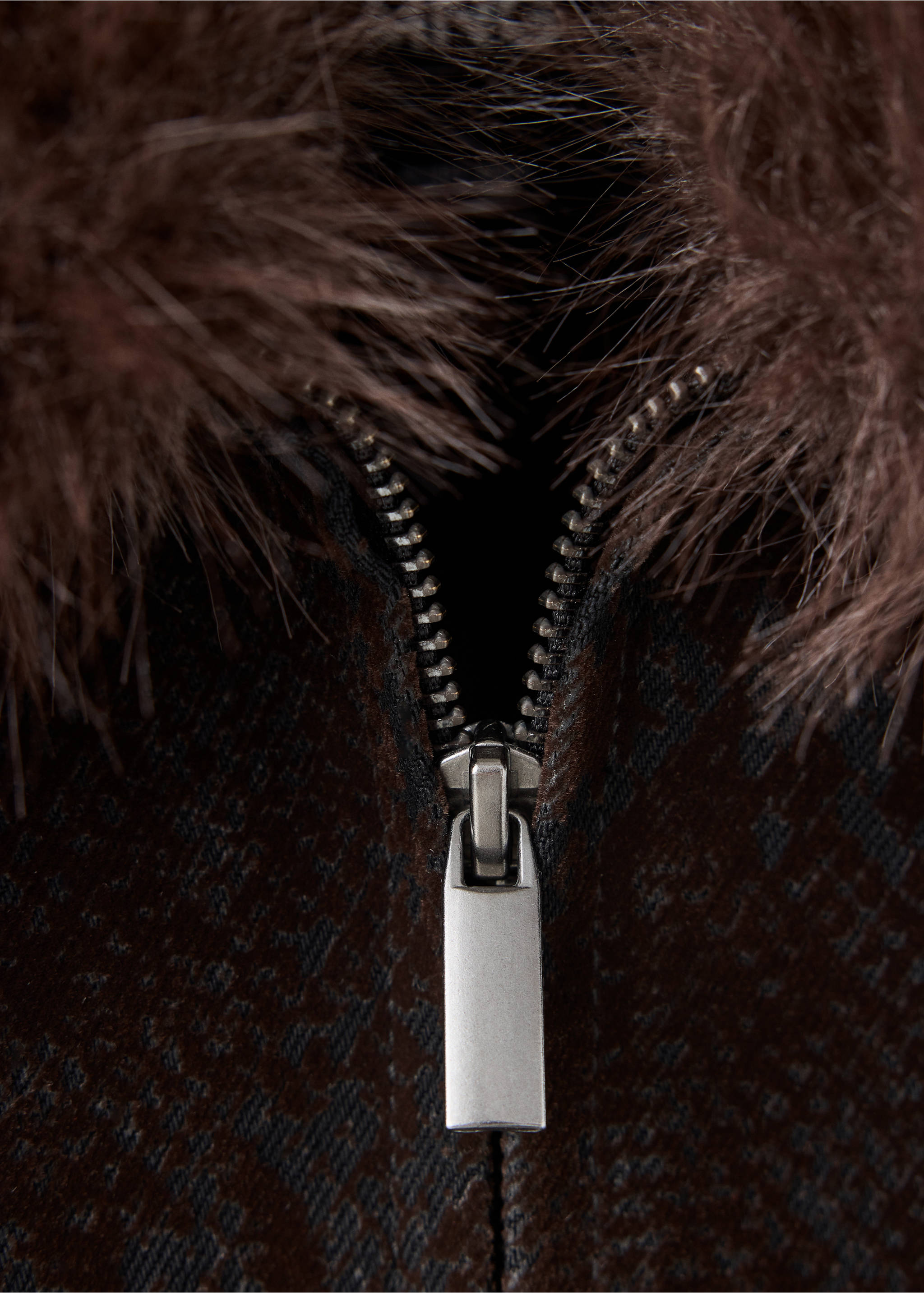 Close-up of a brown textured jacket with a faux-fur collar and silver zipper., Chocolate. Ref: 37037793-00.
