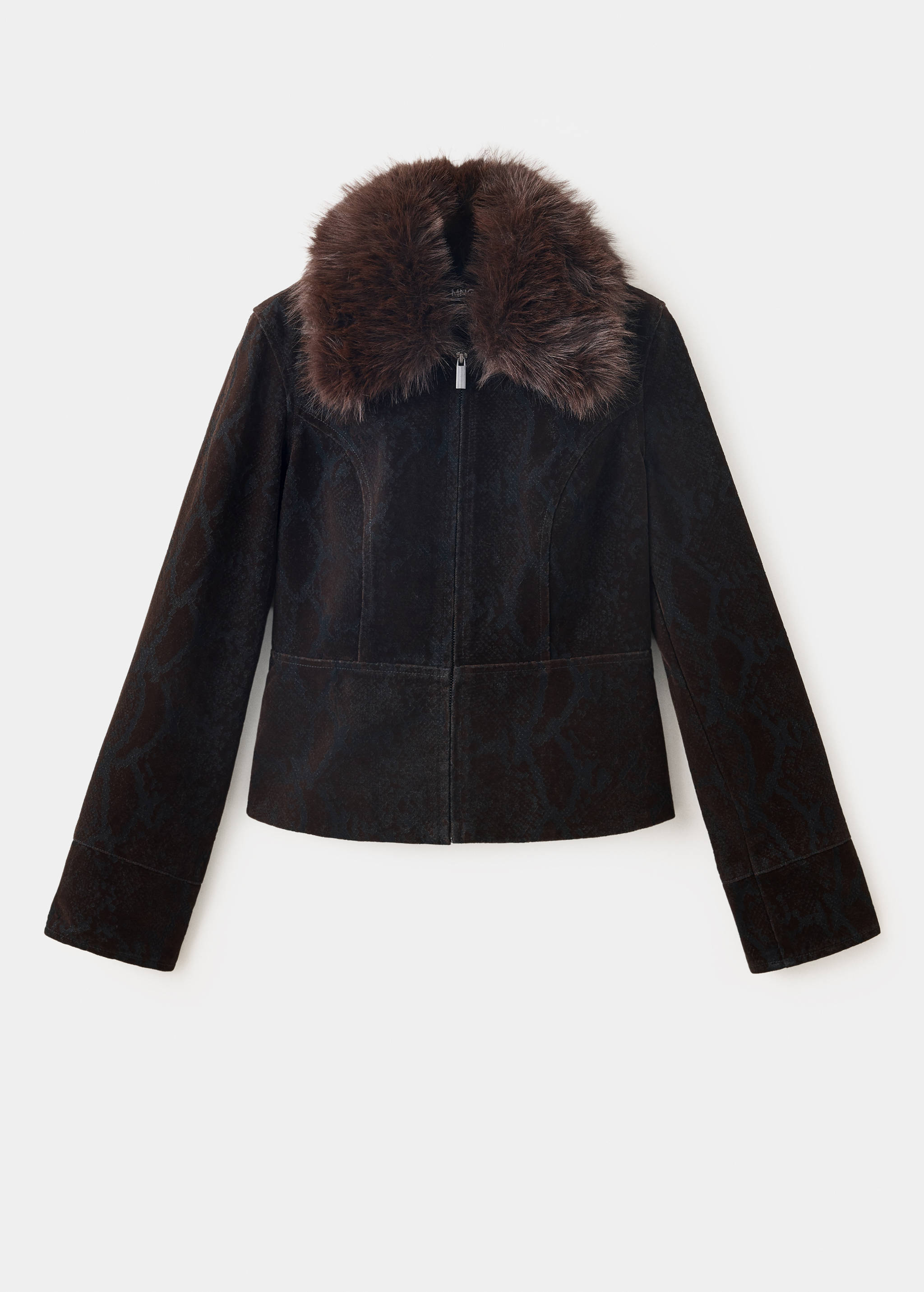 Dark brown faux-suede zip-up jacket with snakeskin pattern and faux-fur collar.