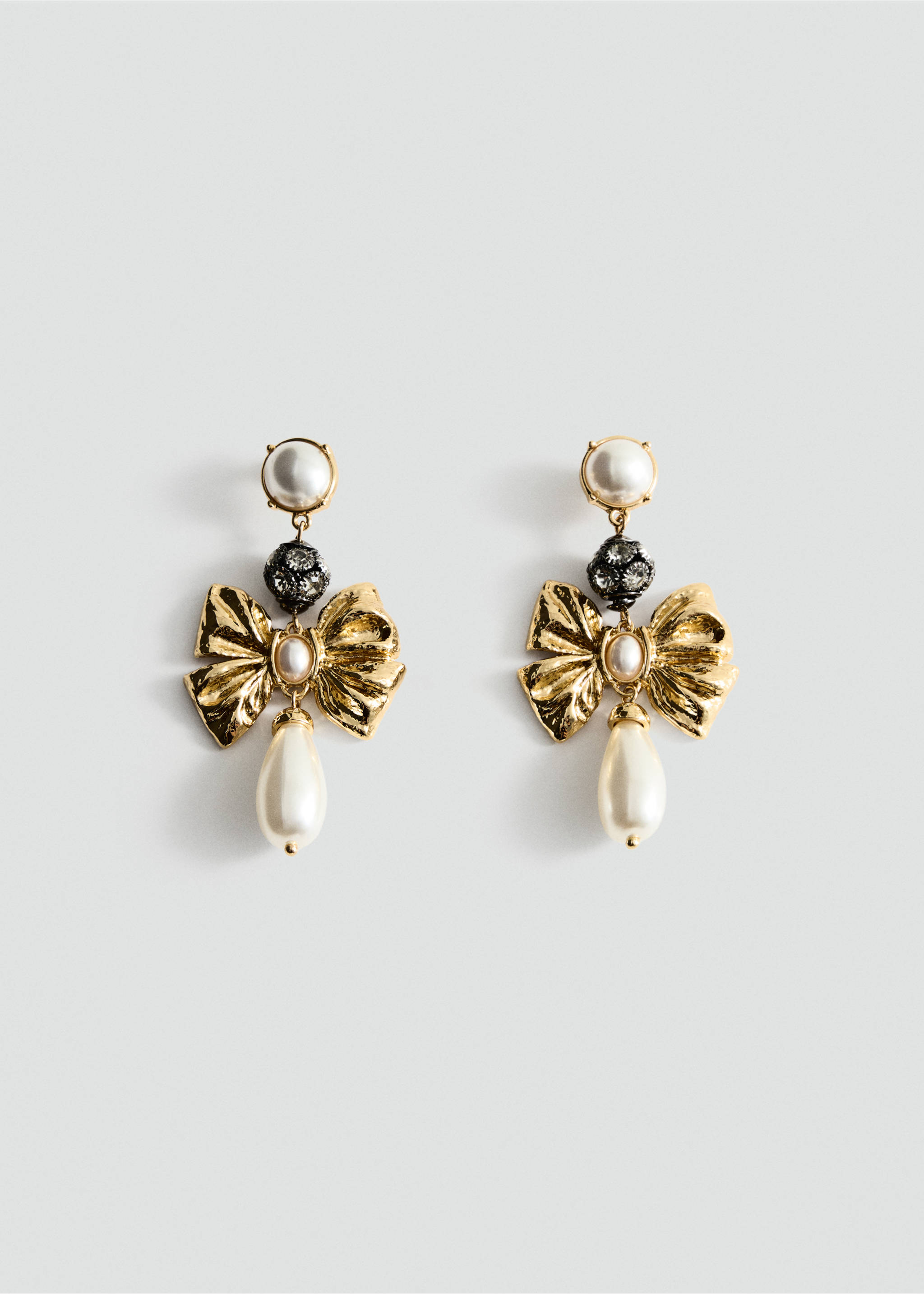 Gold-toned drop earrings featuring faux-pearls, a dark crystal bead, and a metallic bow design., Gold. Ref: 37037795-00.