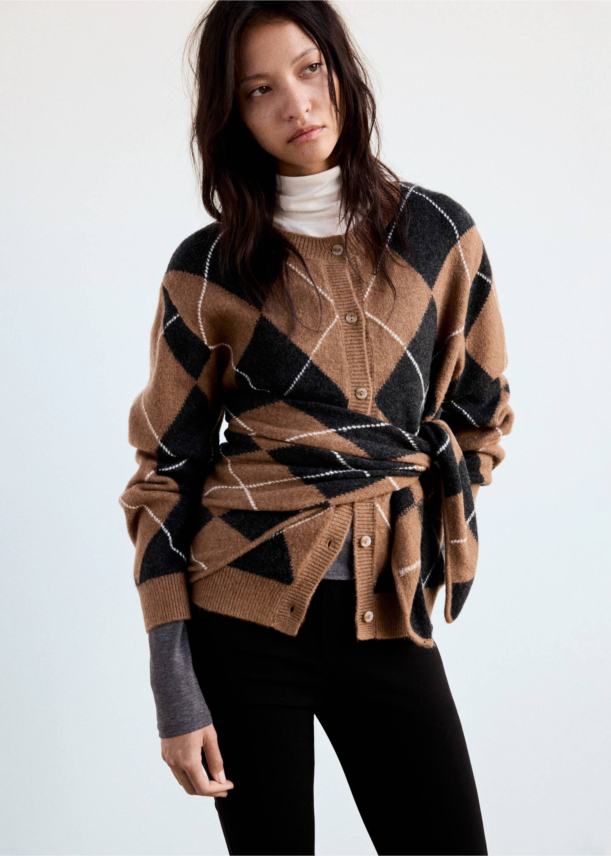 Diamond-pattern cardigan with scarf detail - Medium plane, Medium Brown. Ref: 37037797-00.
