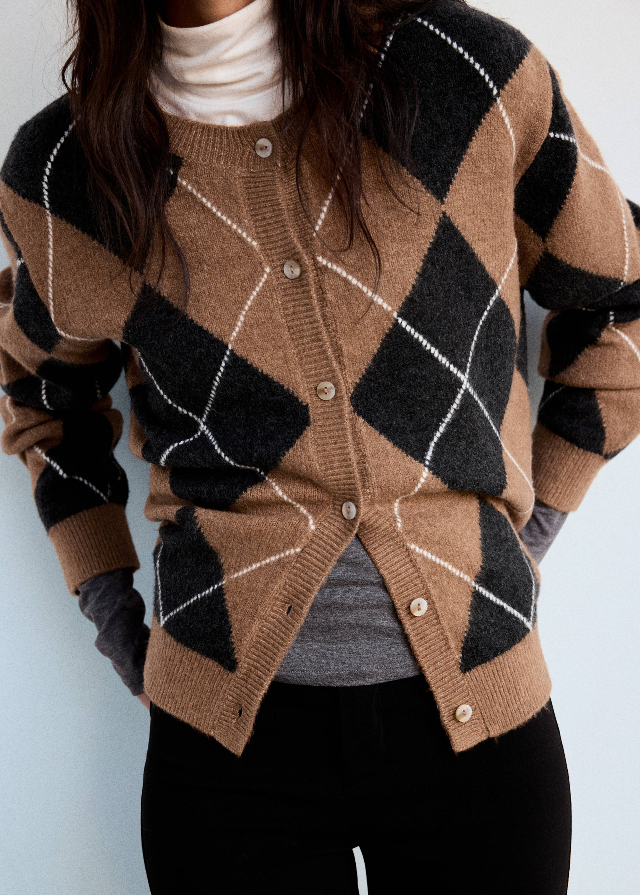 Diamond-pattern cardigan with scarf detail - Details of the article 1