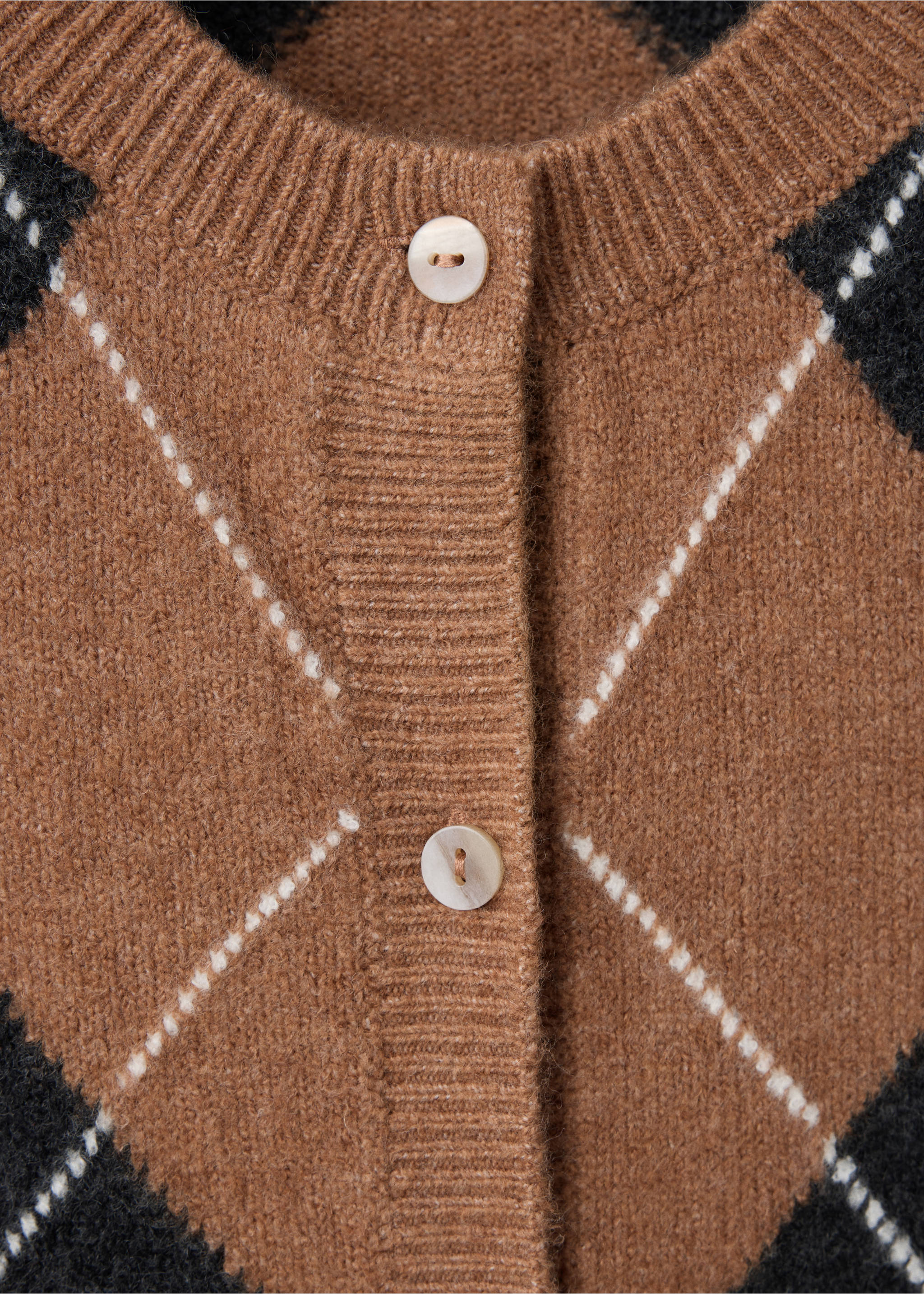 Close-up of a brown argyle cardigan with a round neck and light buttons., Medium Brown. Ref: 37037797-00.