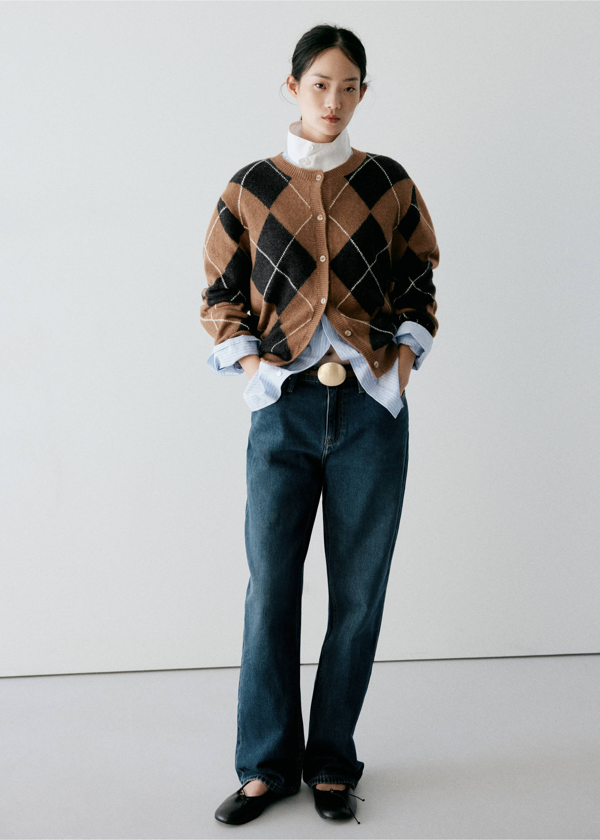 Diamond-pattern cardigan with scarf detail - General plane, Medium Brown. Ref: 37037797-01.