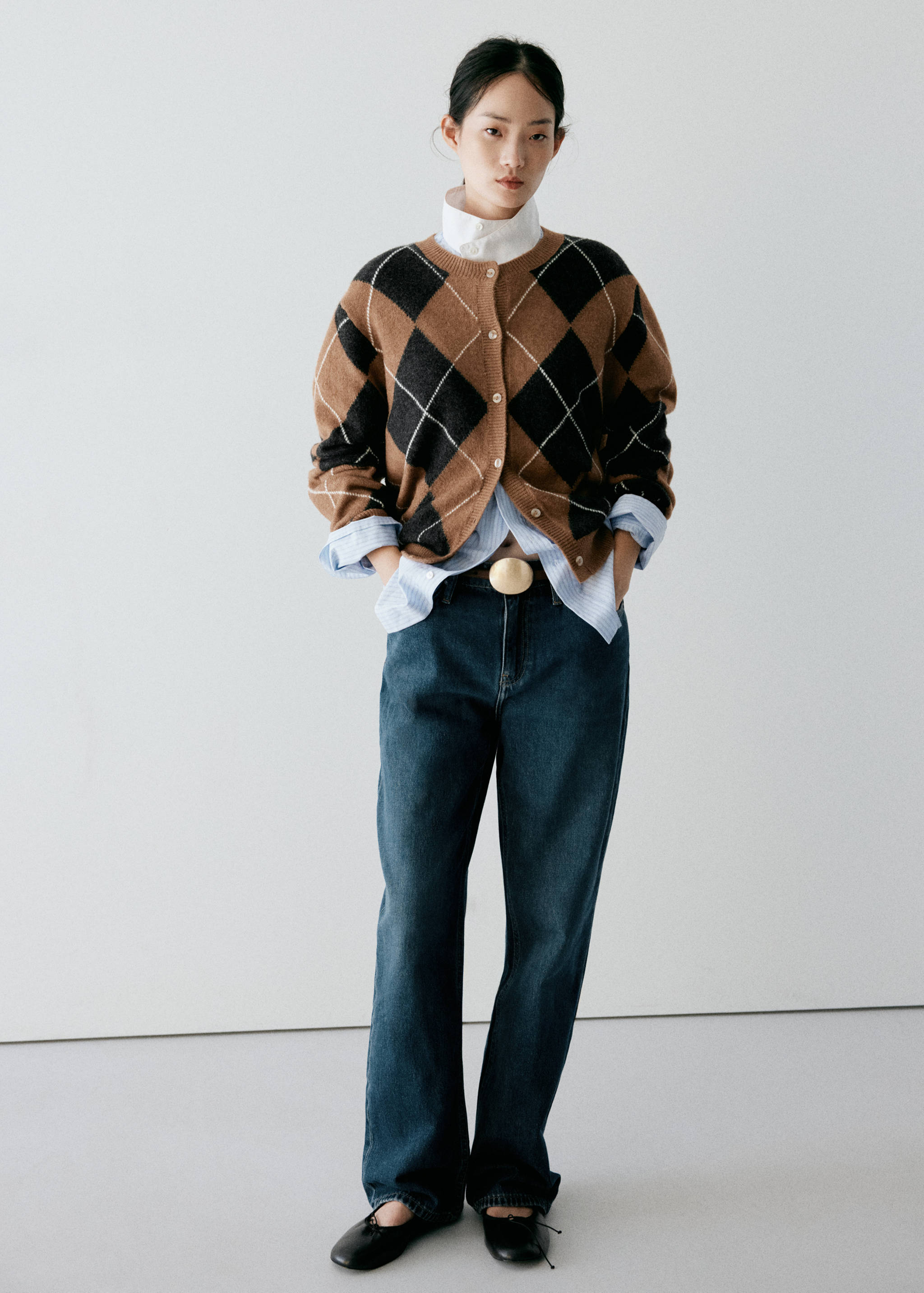 Diamond-pattern cardigan with scarf detail - General plane