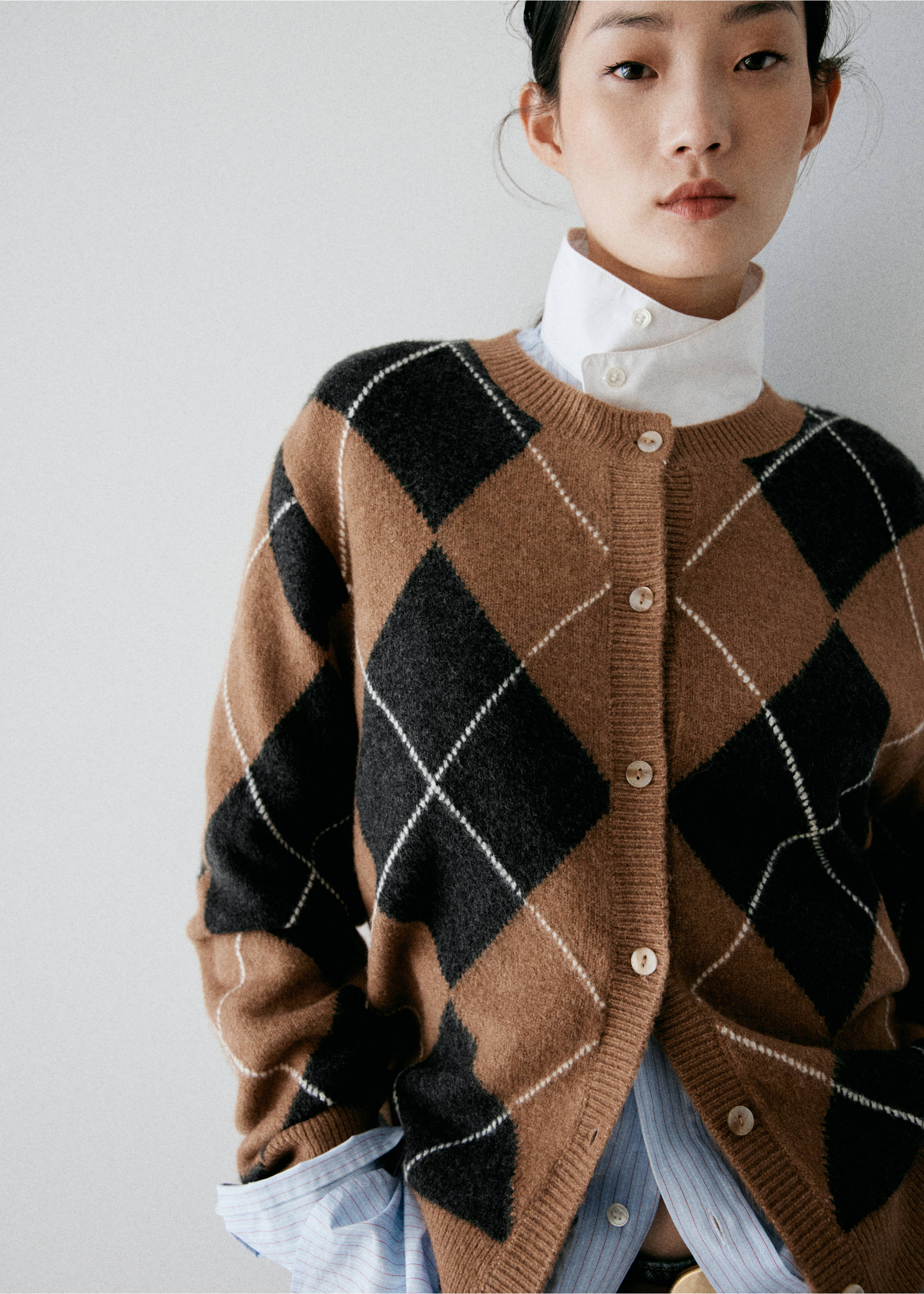 Diamond-pattern cardigan with scarf detail - Medium plane, Medium Brown. Ref: 37037797-01.