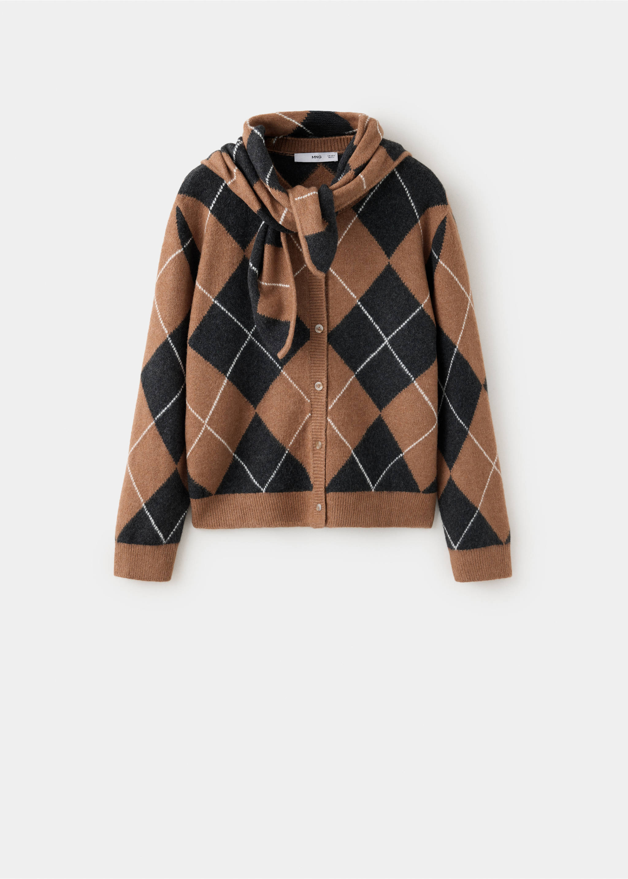 Brown and dark grey argyle knitted cardigan with a matching scarf., Medium Brown. Ref: 37037797-00.