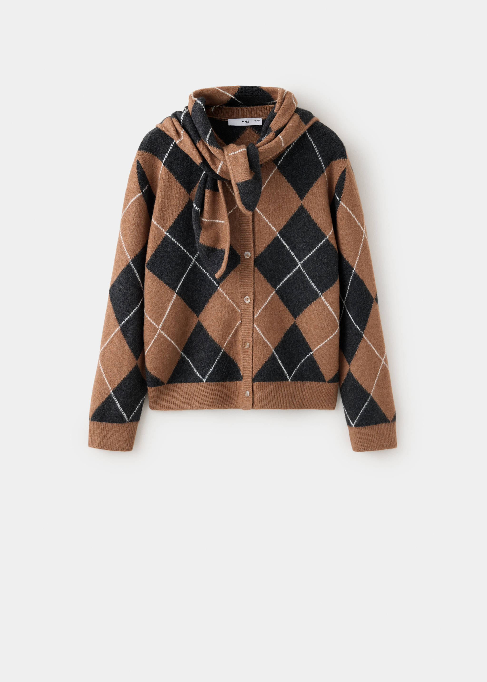 Brown and dark grey argyle knitted cardigan with a matching scarf.
