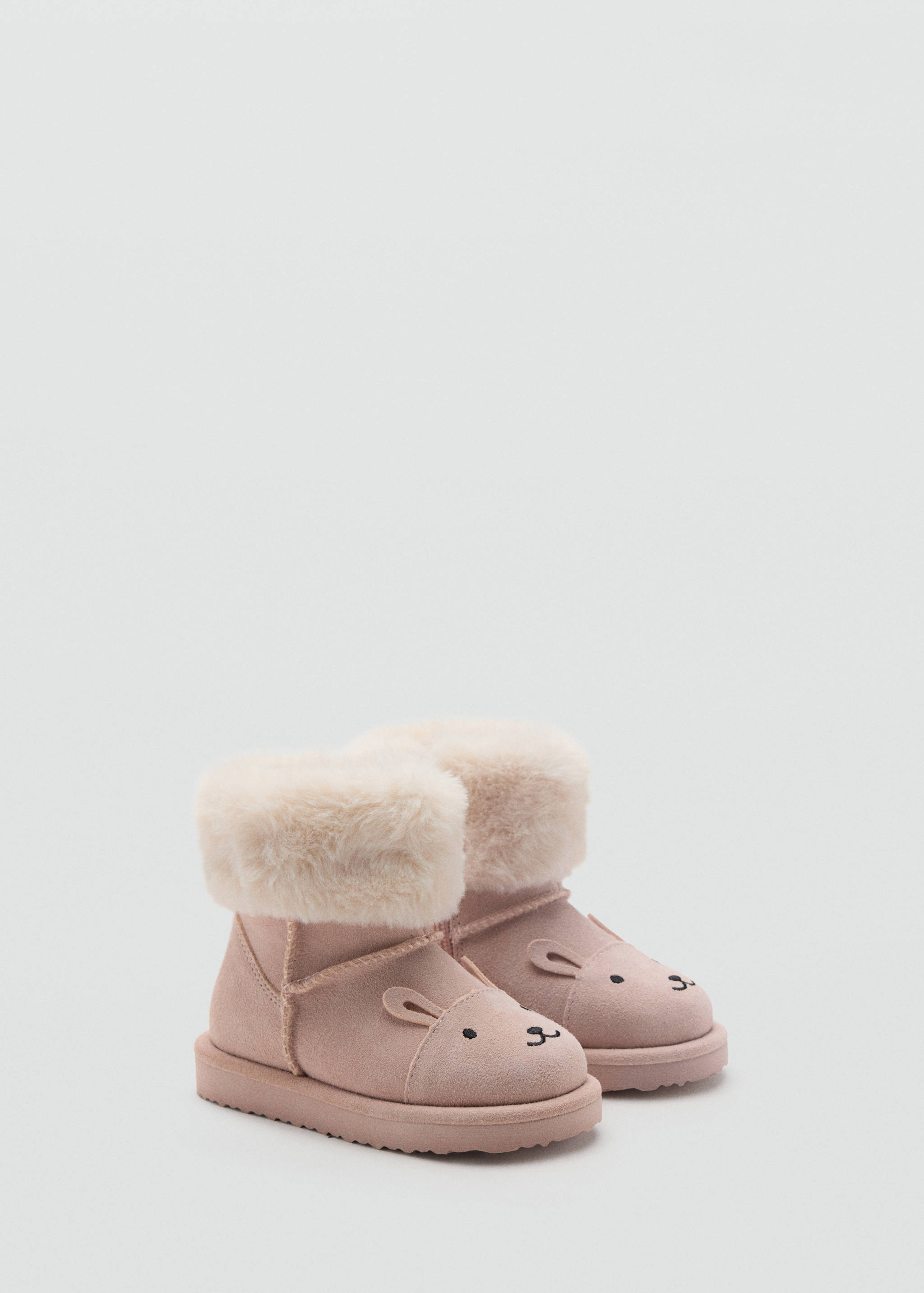 Pink children's boots with a plush faux-fur cuff and embroidered animal face details.