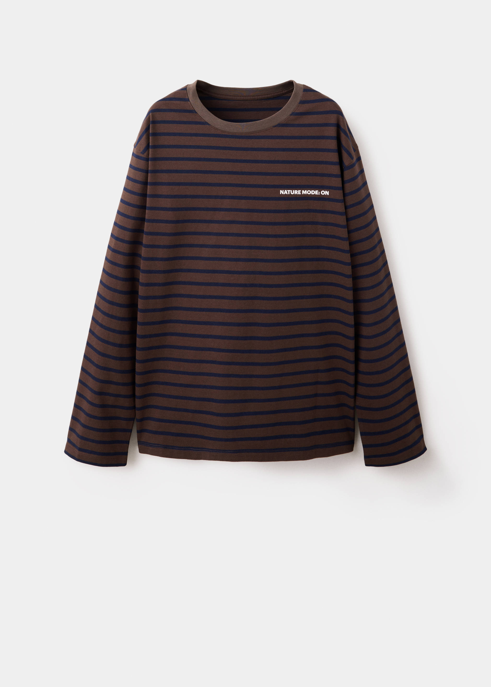 Brown and navy striped long-sleeve T-shirt with text print.
