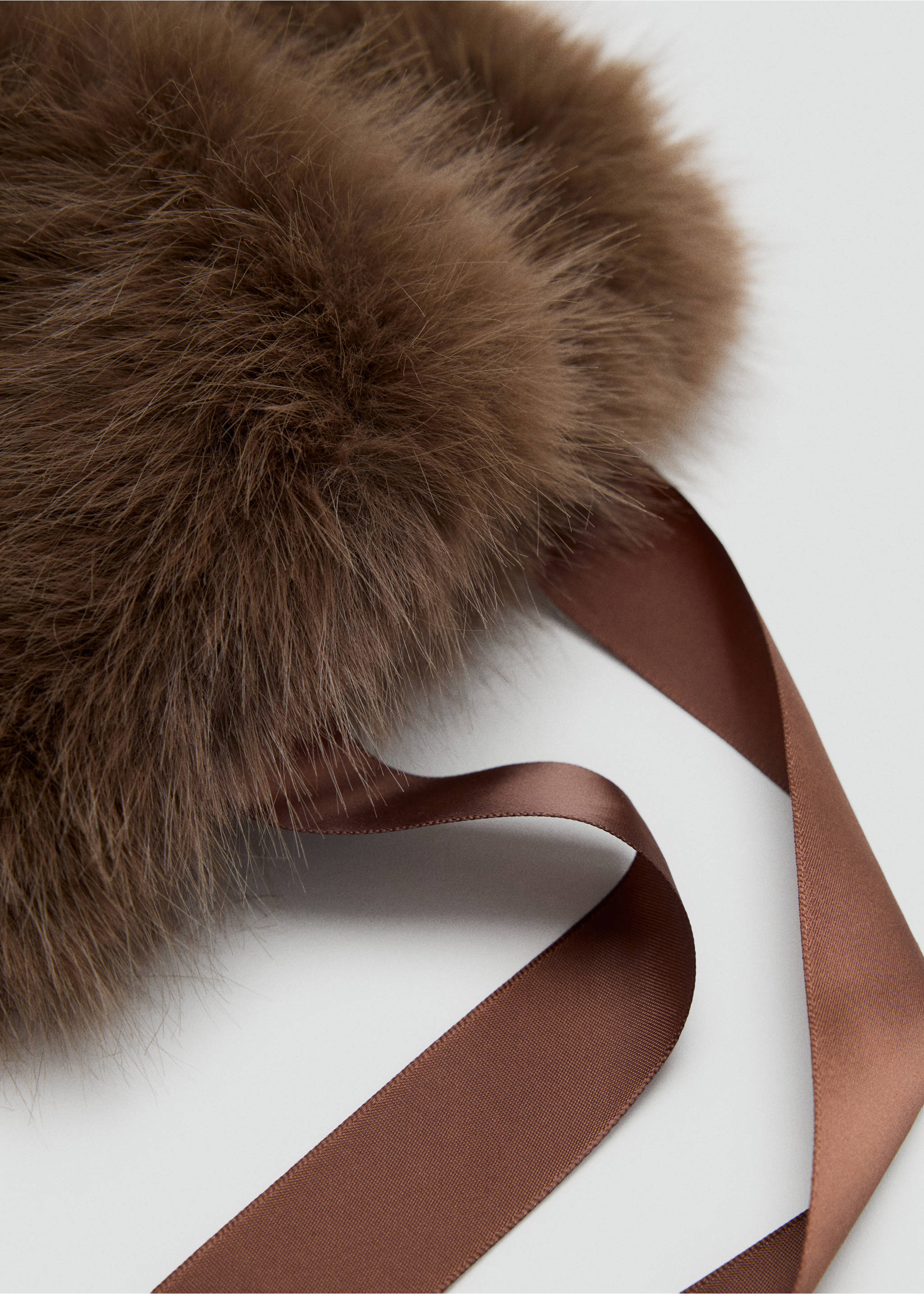 Brown faux-fur scarf texture detail with satin ribbon ties., Brown. Ref: 37037804-00.