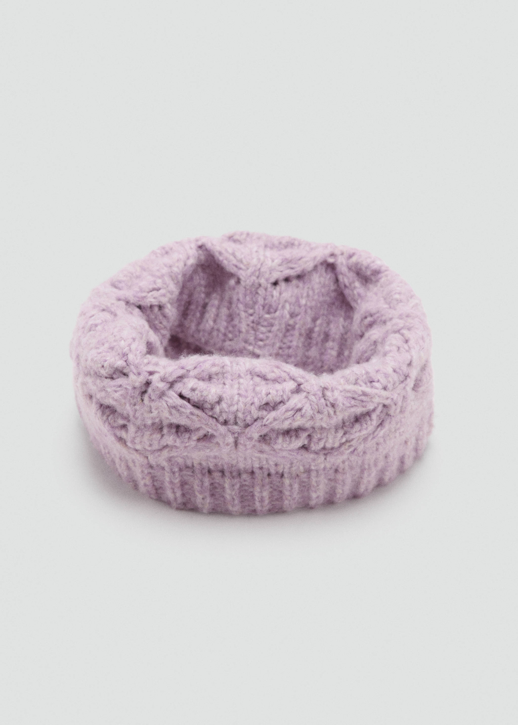 Lilac knitted children's scarf with a cable pattern and ribbed trim.