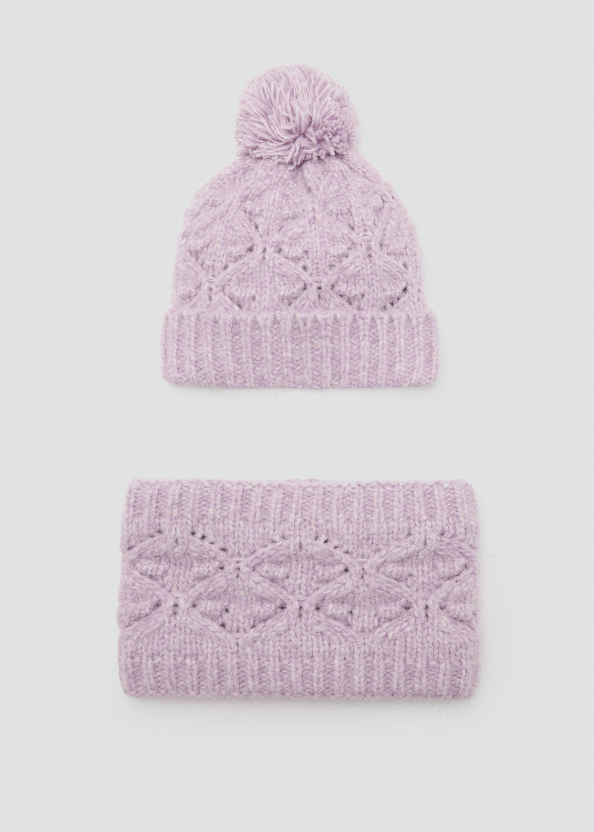 Lilac knitted scarf and beanie set with cable pattern and pom-pom.