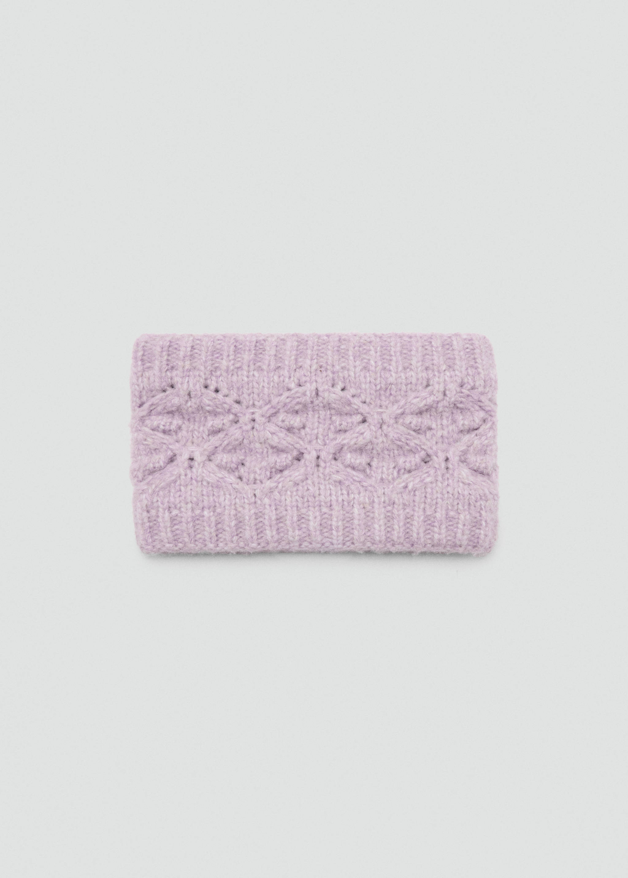 Lilac children's knit scarf with a textured pattern and ribbed edges.