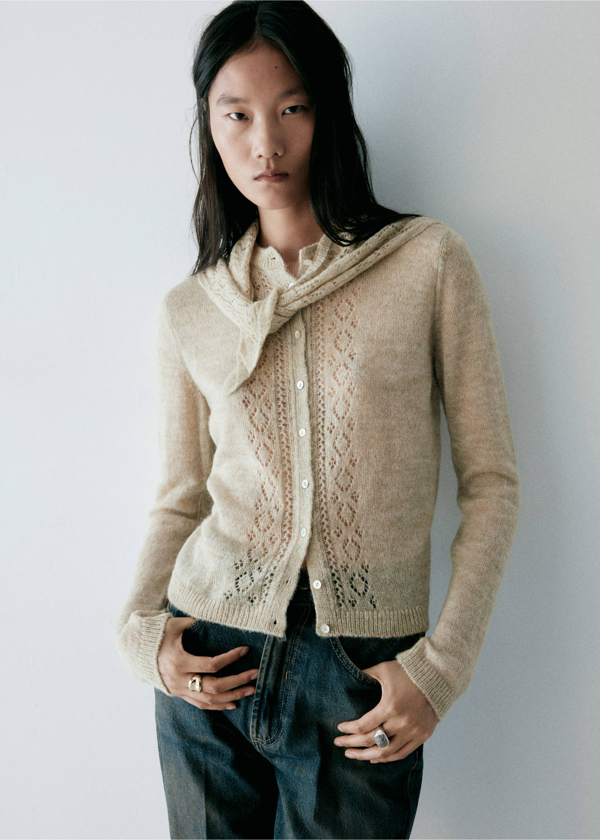 Light beige knitted cardigan with openwork details, long sleeves and button fastening., Pastel Green. Ref: 37037810-01.