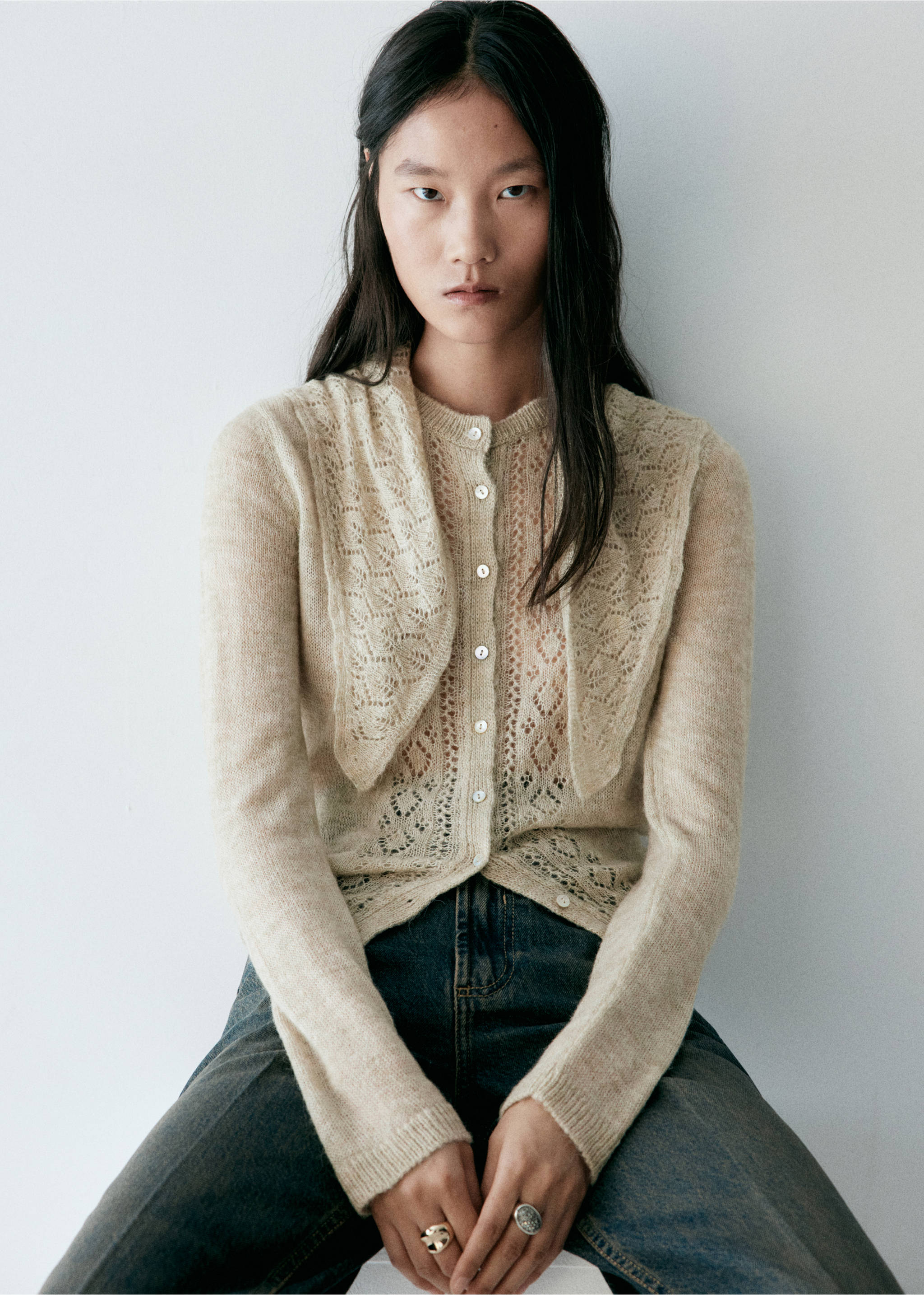 Beige fine-knit openwork cardigan with long sleeves and a matching scarf detail., Pastel Green. Ref: 37037810-01.