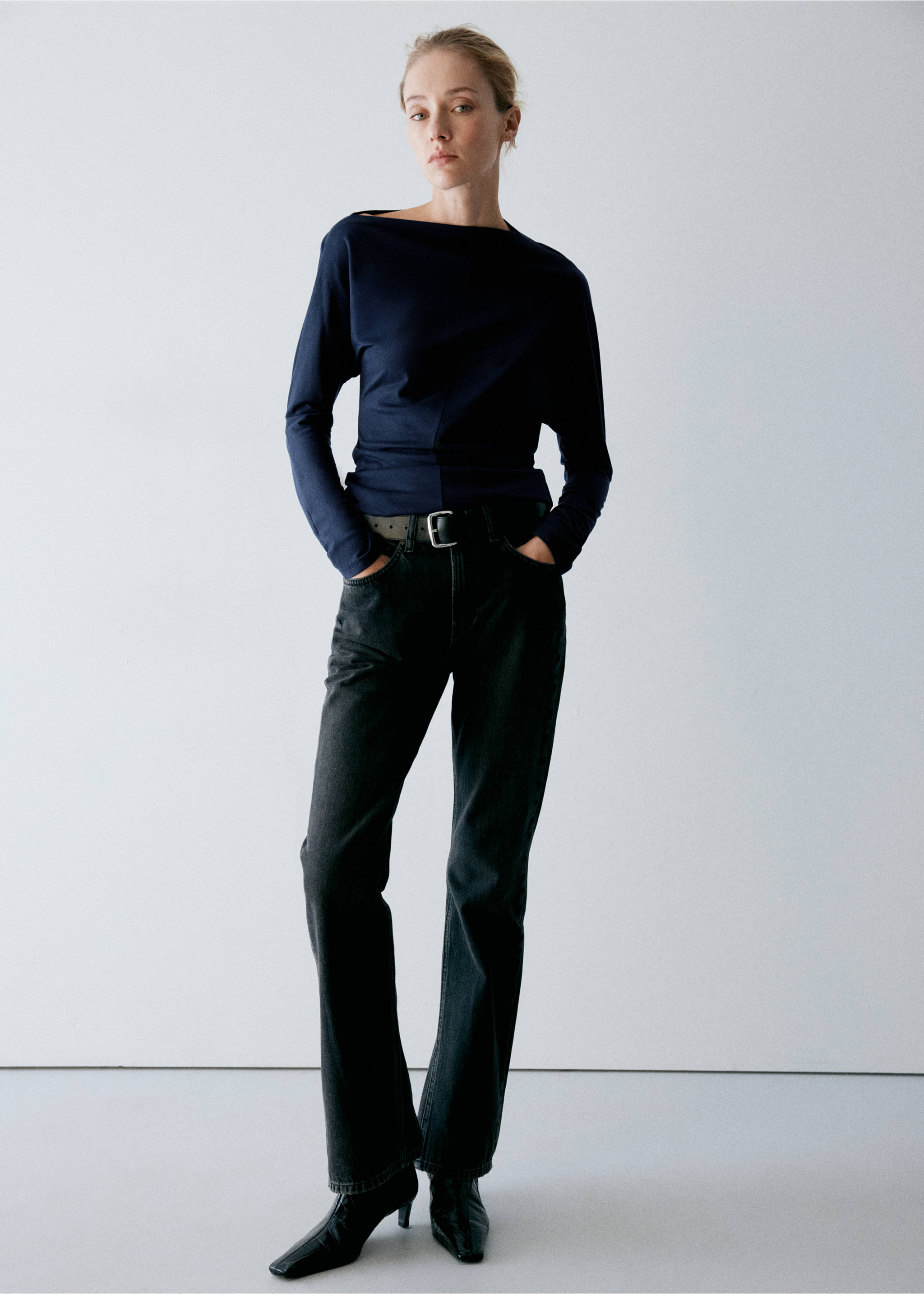 Boat neck T-shirt with draped detail - General plane, Dark Navy. Ref: 37037814-00.