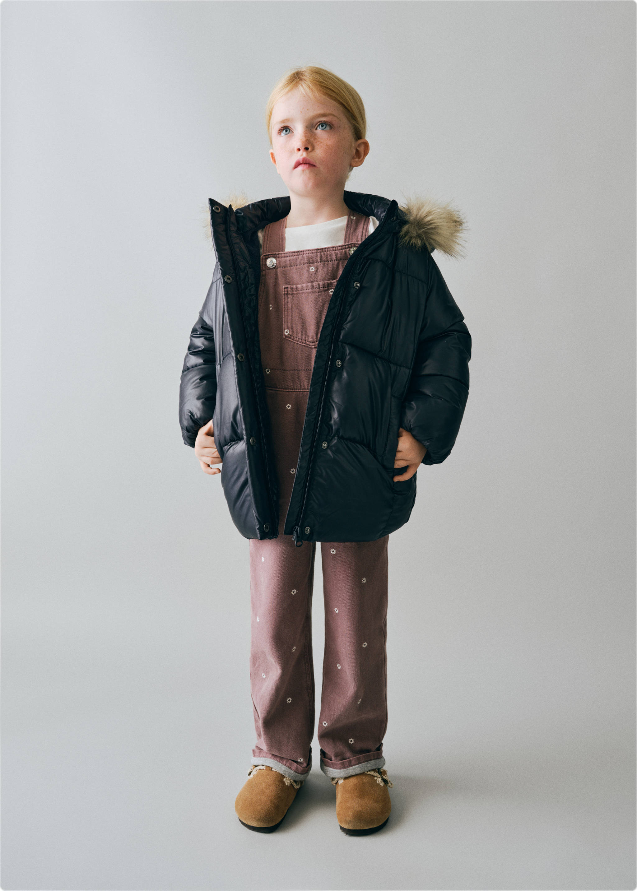 Puffer coat with fur-effect hood - General plane