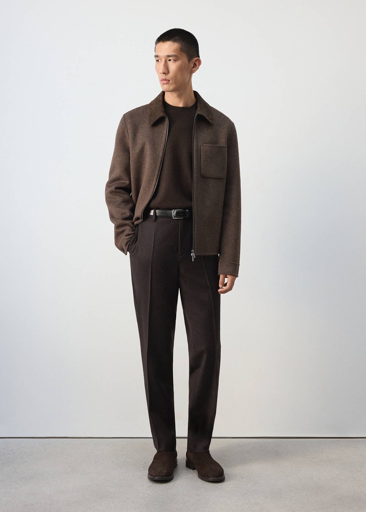 Wool jacket with 100% leather collar — Chocolate