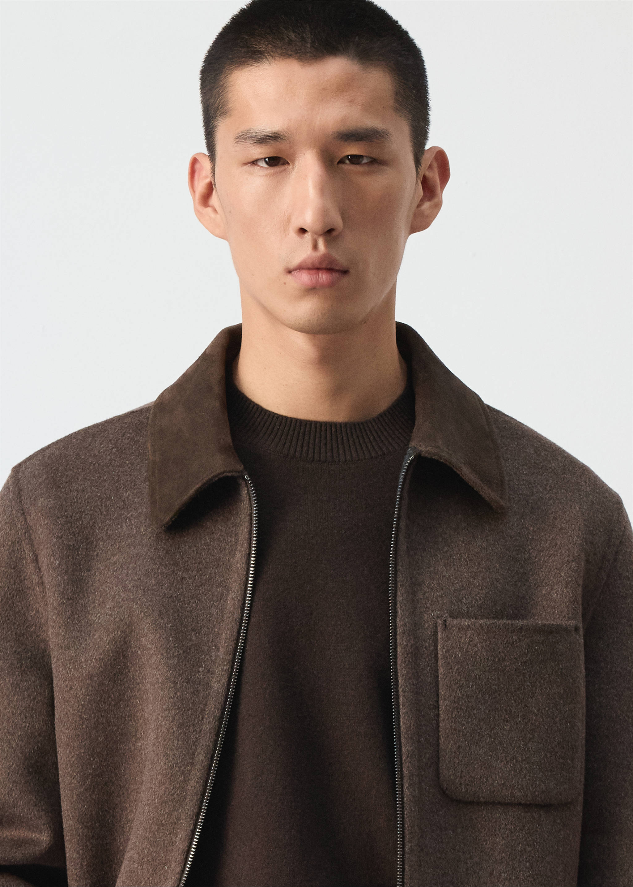 Brown jacket with contrasting collar, chest pocket and zip, worn by a model., Chocolate. Ref: 37037886-00.