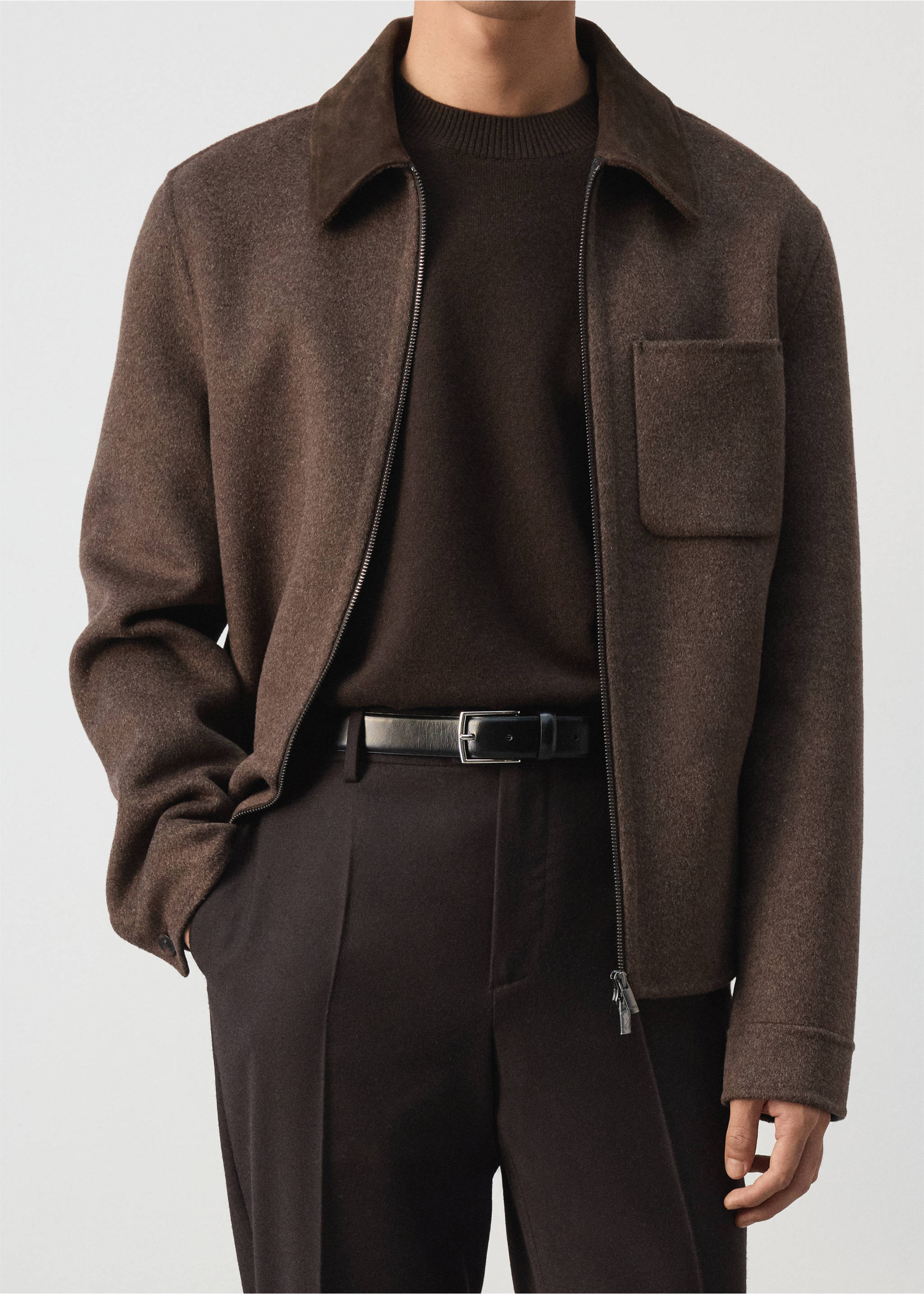 Dark brown zip-up jacket with contrast collar and chest pocket, Chocolate. Ref: 37037886-00.