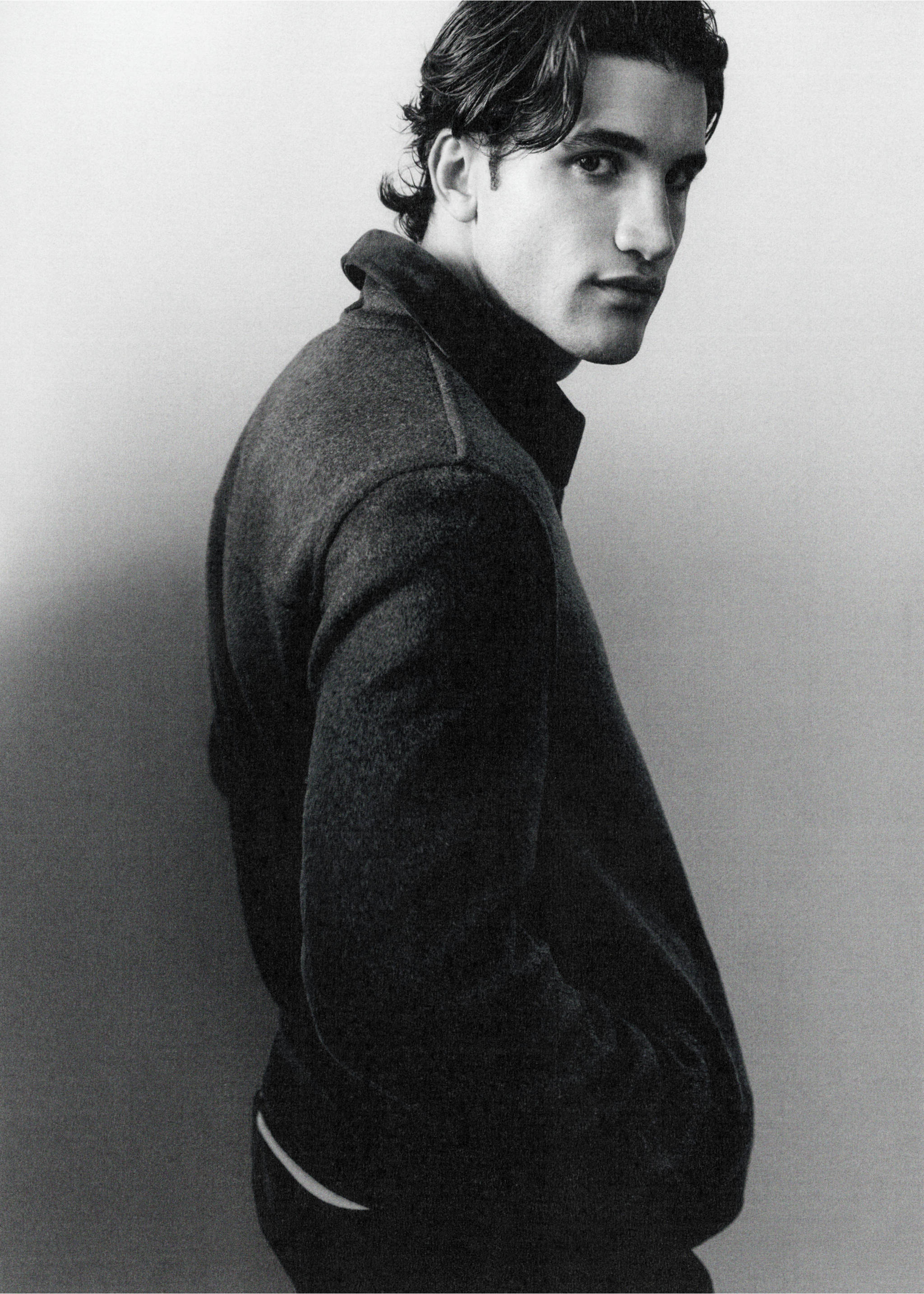 Black and white jacket with a stand-up collar worn by a male model., Chocolate. Ref: 37037886-00.