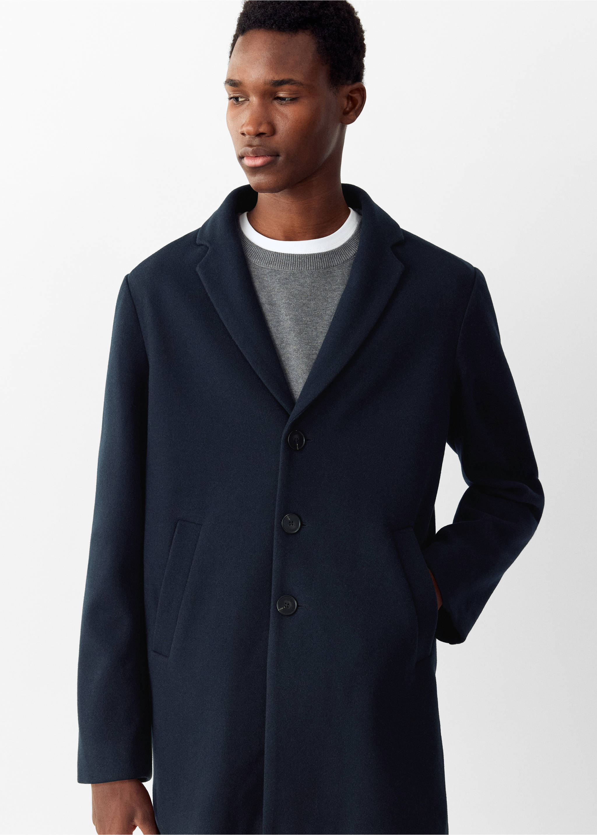 Wool coat with lapel collar - Details of the article 4, Navy. Ref: 37037887-00.