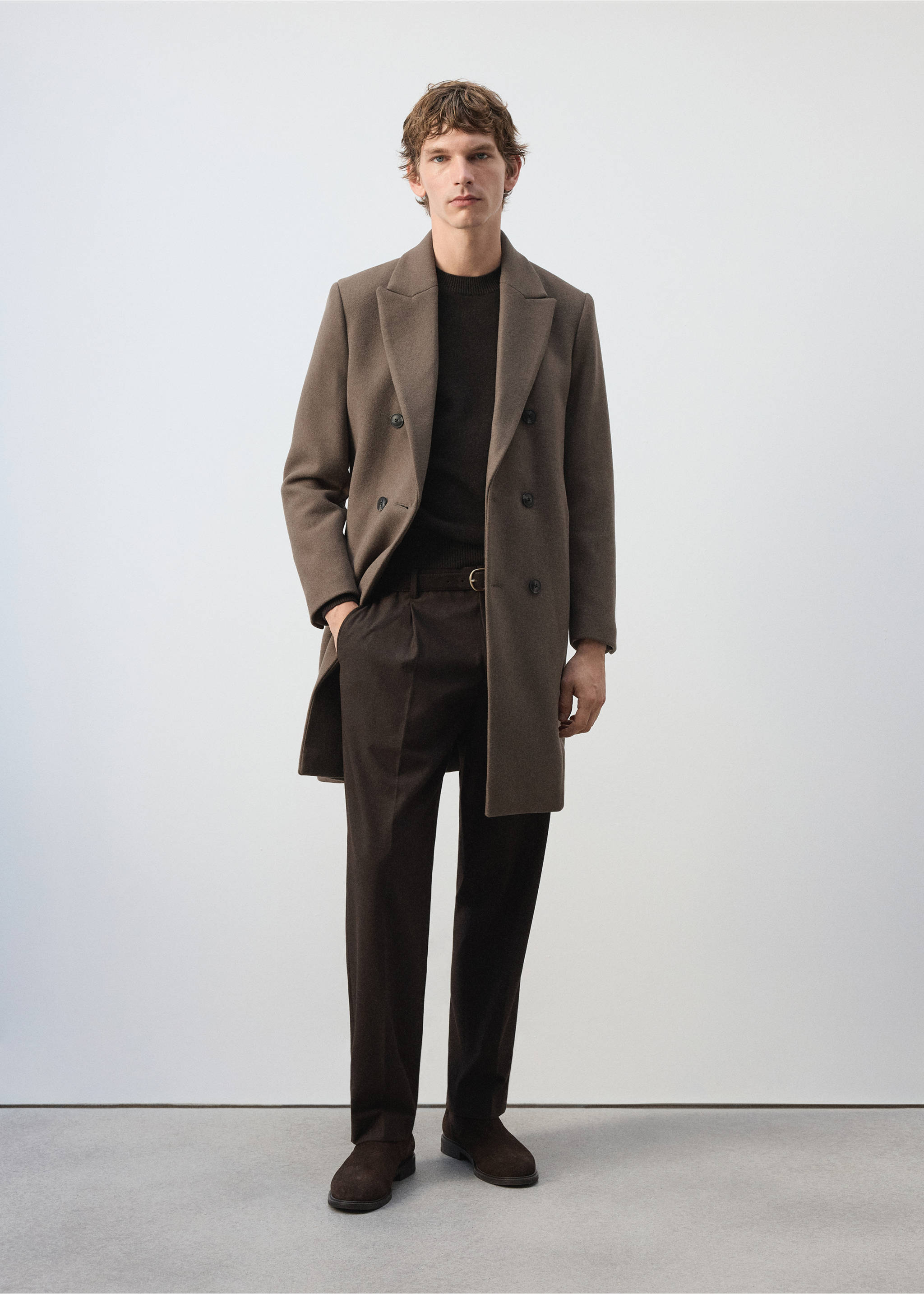 Brown double-breasted coat worn with a dark jumper and trousers., Dark Grey. Ref: 37037889-00.