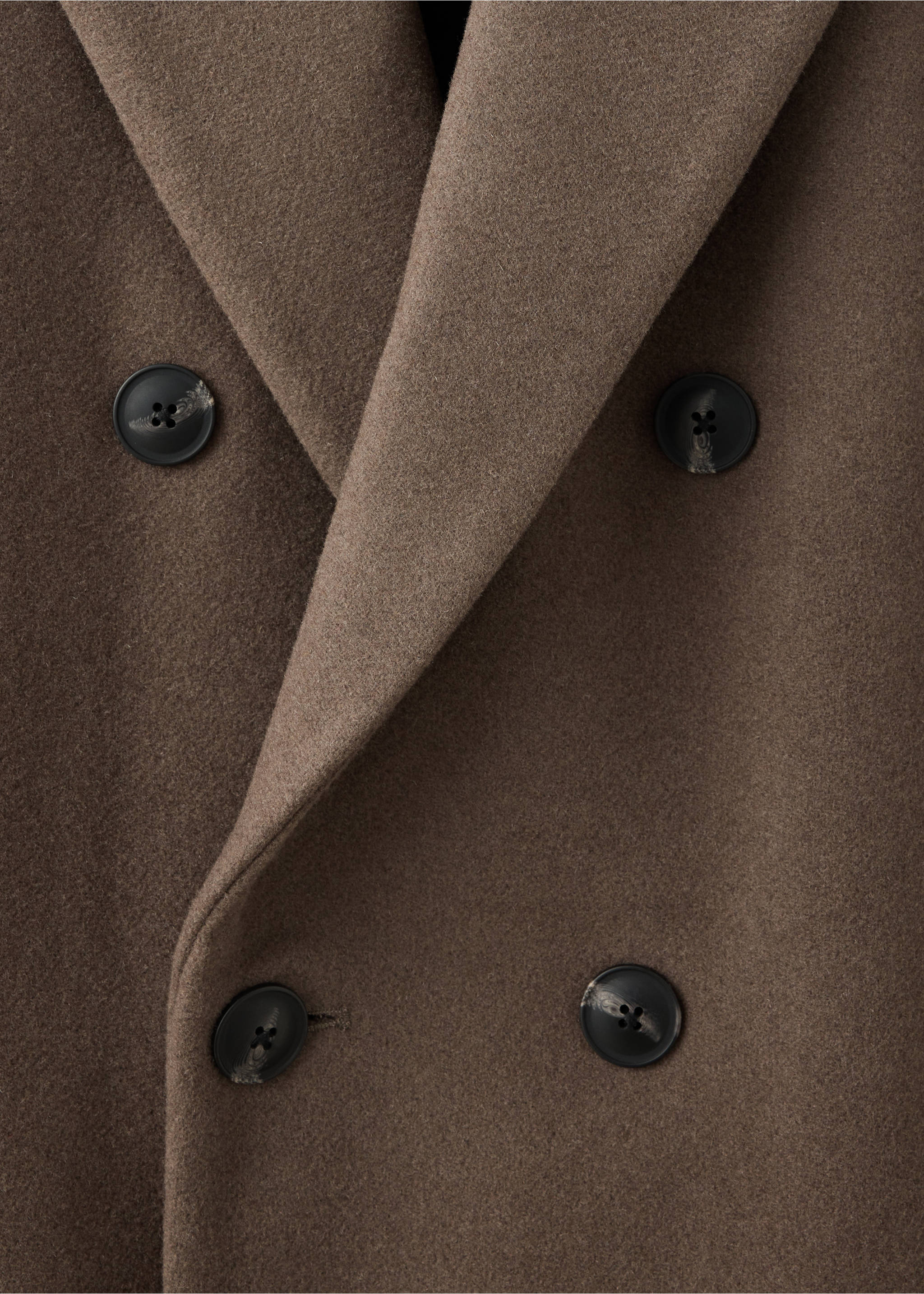 Brown double-breasted coat detail, showing wide lapels and buttons, Dark Grey. Ref: 37037889-00.