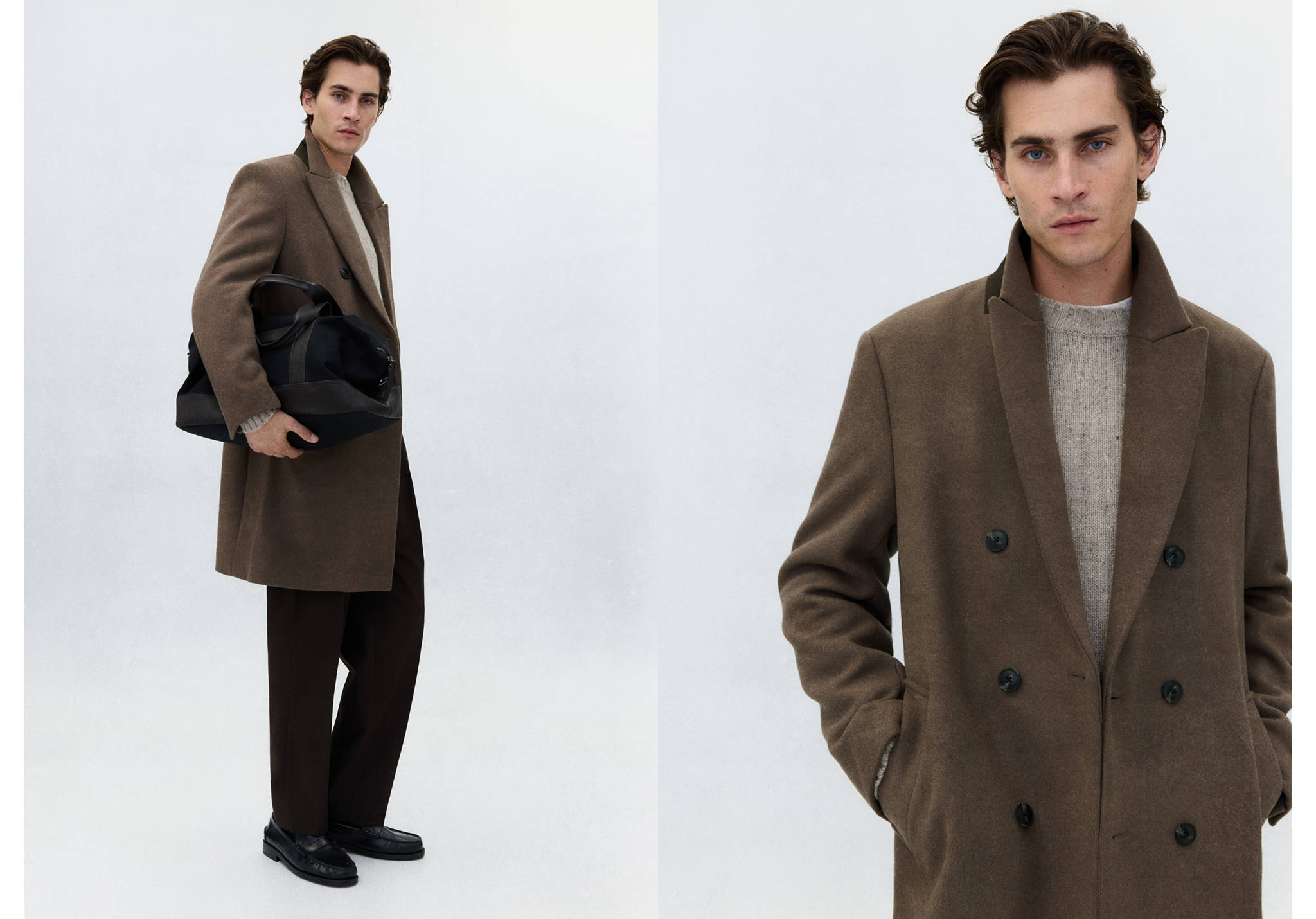 Model wearing a brown double-breasted coat with lapel collar in a two-part composition.