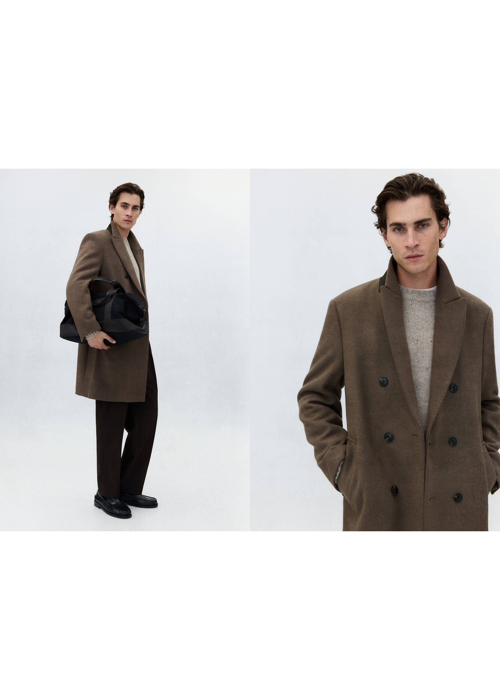 Model wearing a brown double-breasted coat with lapel collar in a two-part composition., Dark Grey. Ref: 37037889-00.