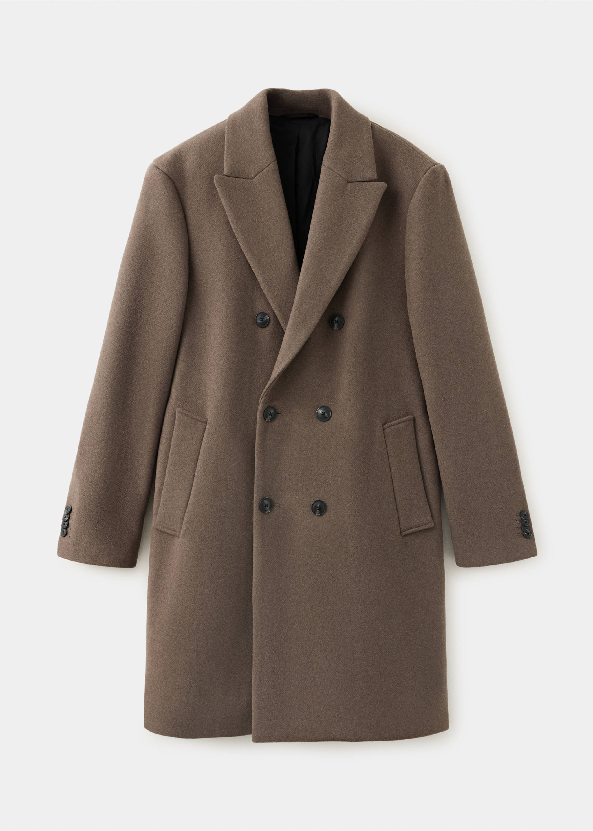 Brown double-breasted wool-blend coat with notched lapels and front pockets., Dark Grey. Ref: 37037889-00.