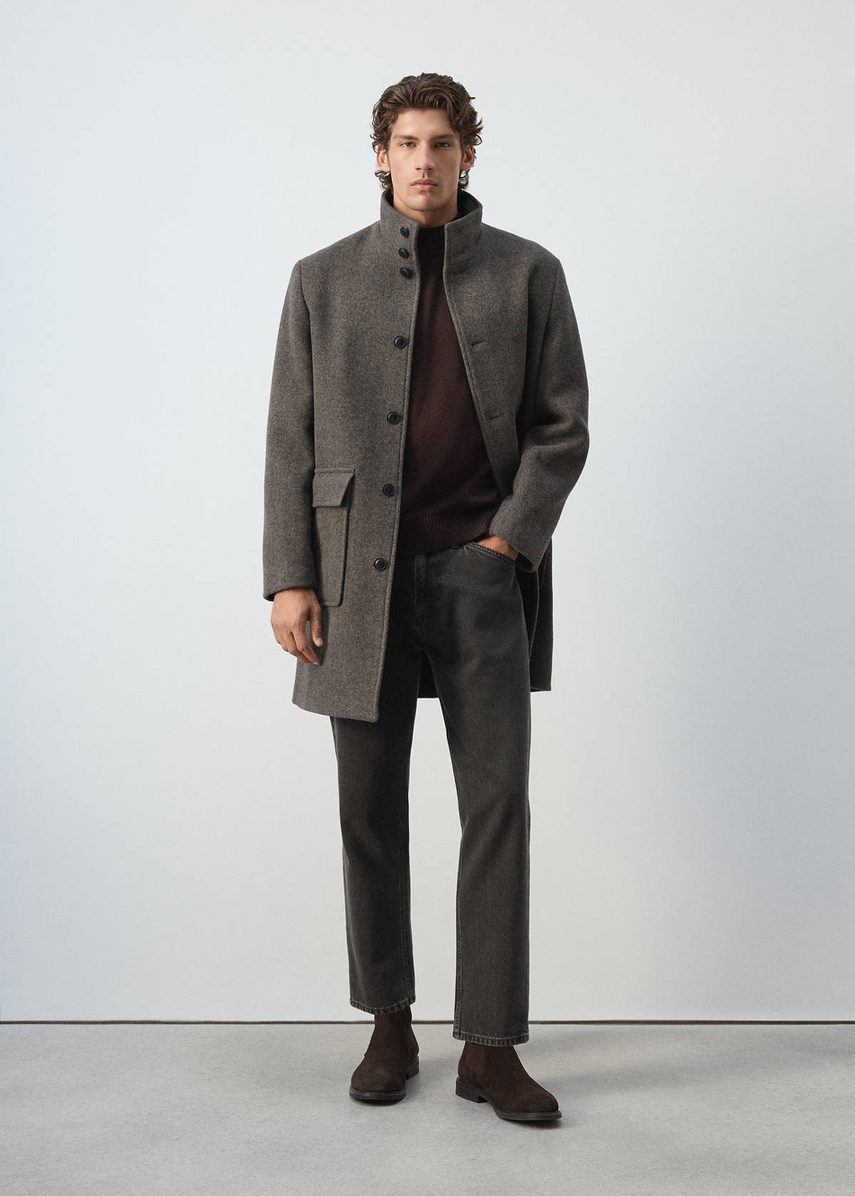 Wool blend coat with funnel neck — Medium Brown