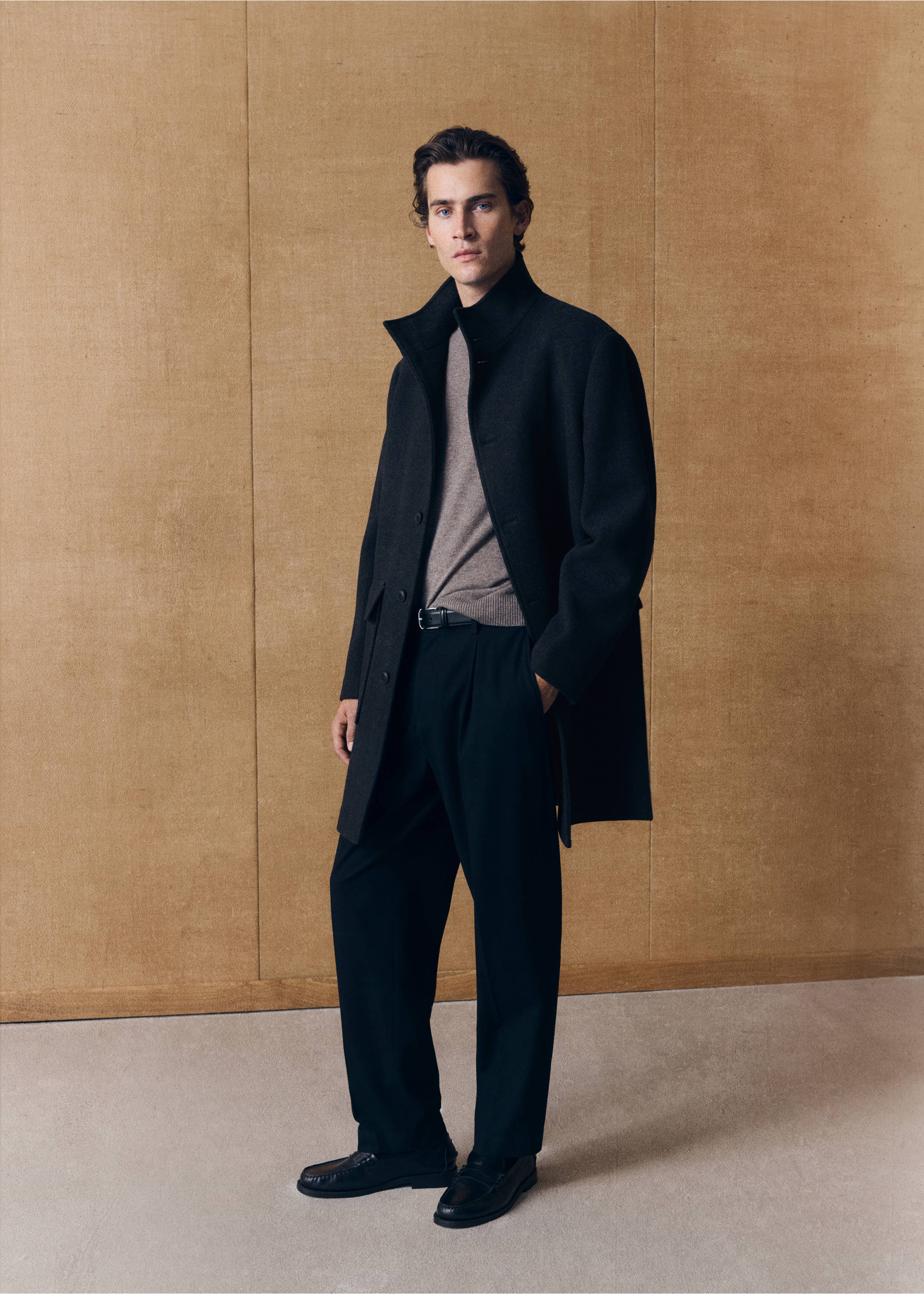 Wool blend coat with funnel neck - Details of the article 5, Dark Heather Grey. Ref: 37037890-00.