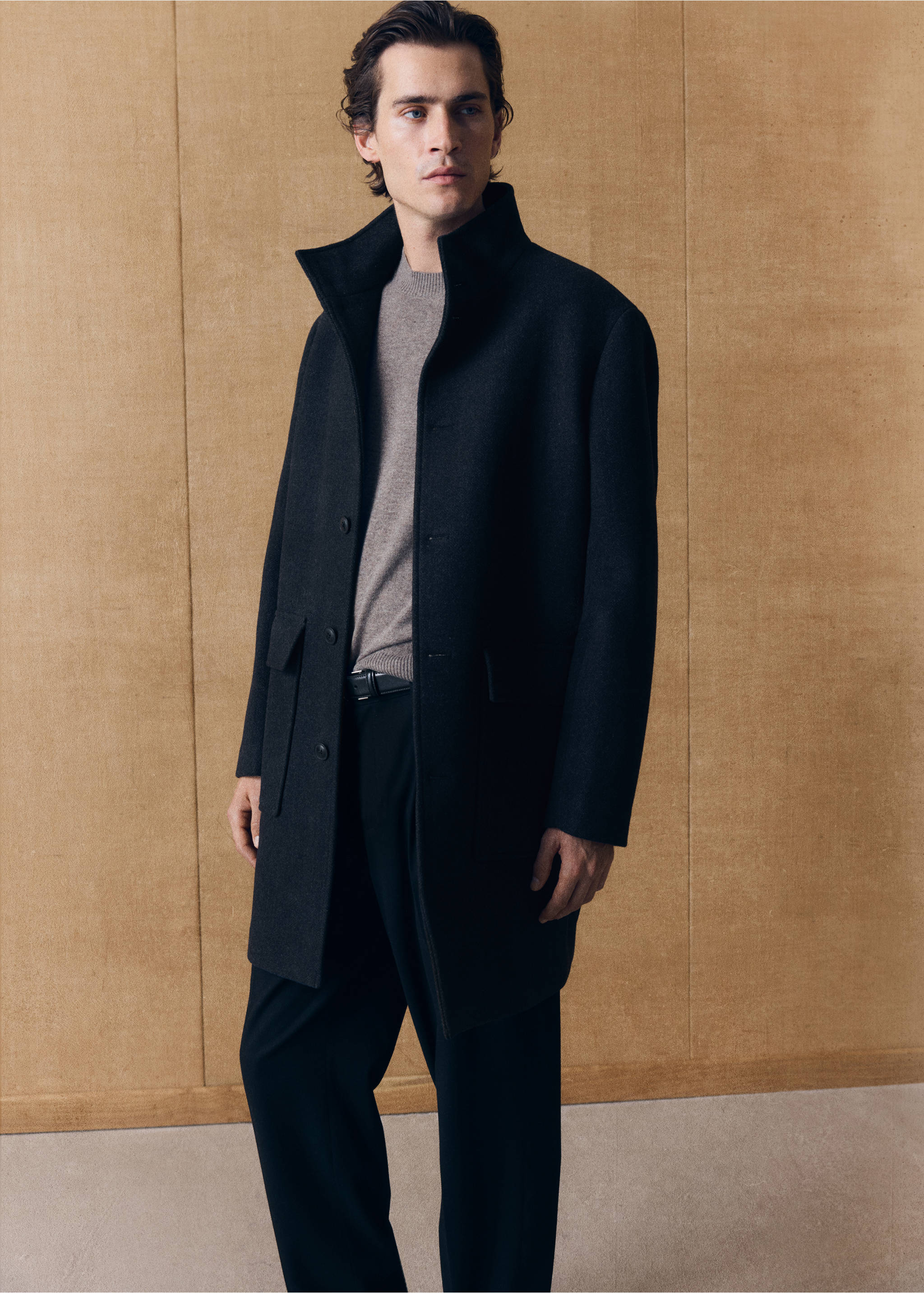 Wool blend coat with funnel neck - Details of the article 6, Dark Heather Grey. Ref: 37037890-00.